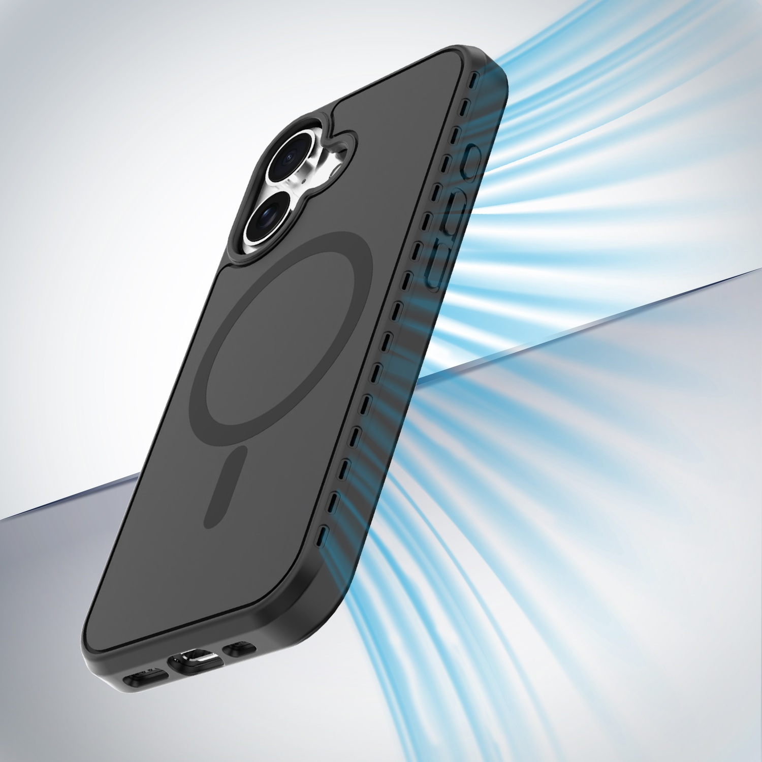 Cover nera per telefono con fotocamere, circondata da correnti d'aria blu.