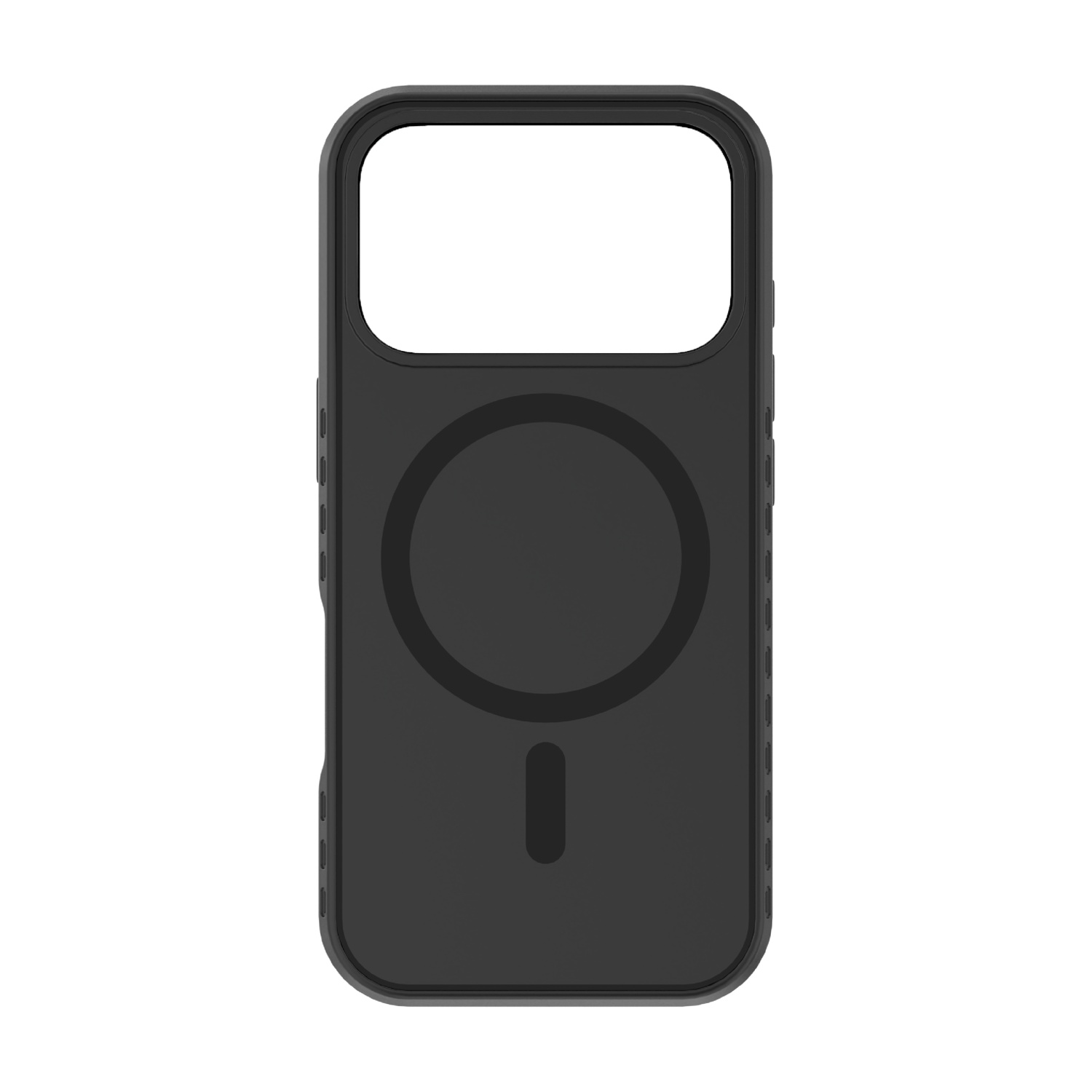 Custodia nera per telefono con anello magnetico circolare e indicatore di carica.