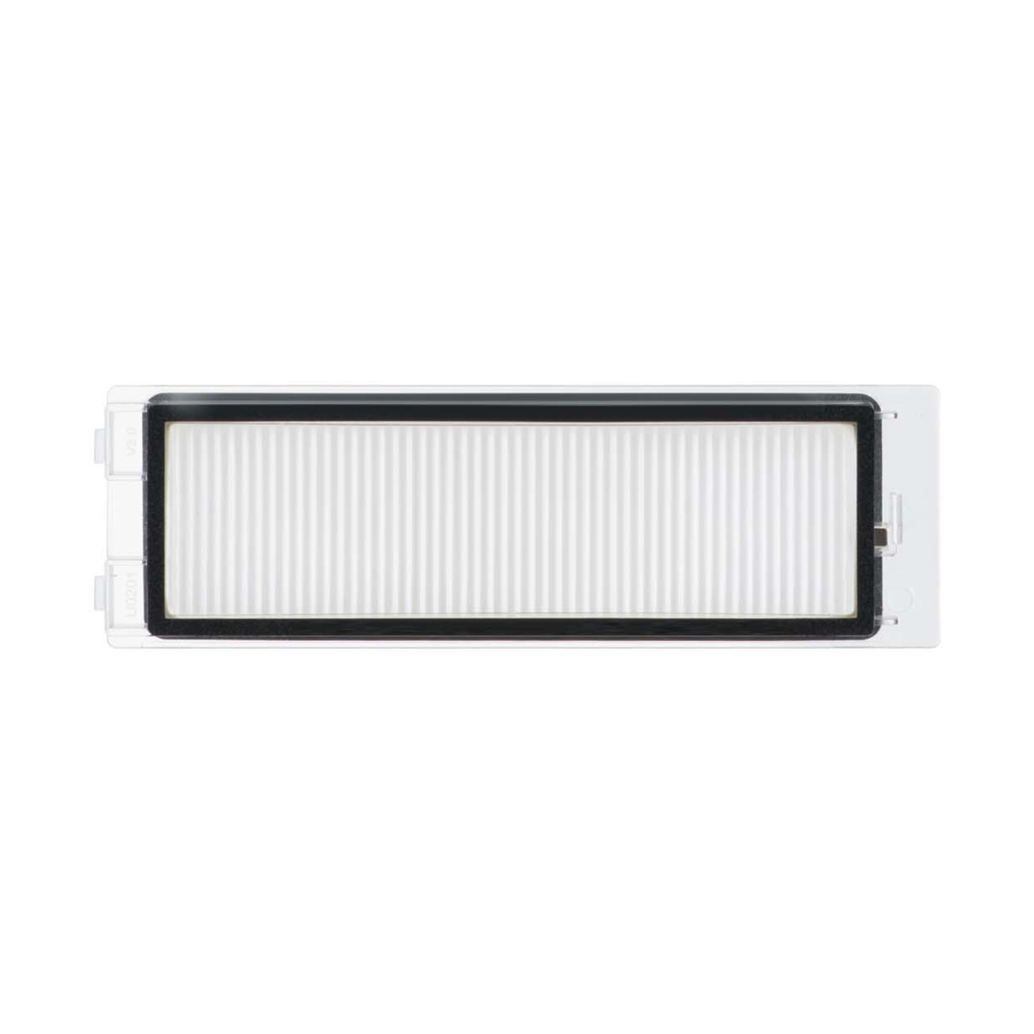 Un filtro antipolvere bianco con cornice nera su sfondo bianco.