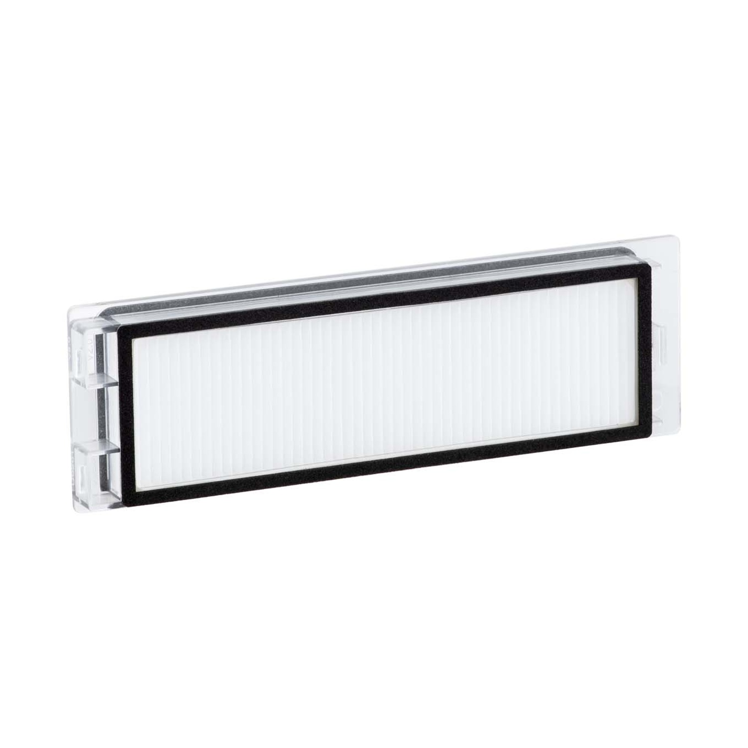 Un filtro bianco con bordo nero e cornice trasparente.