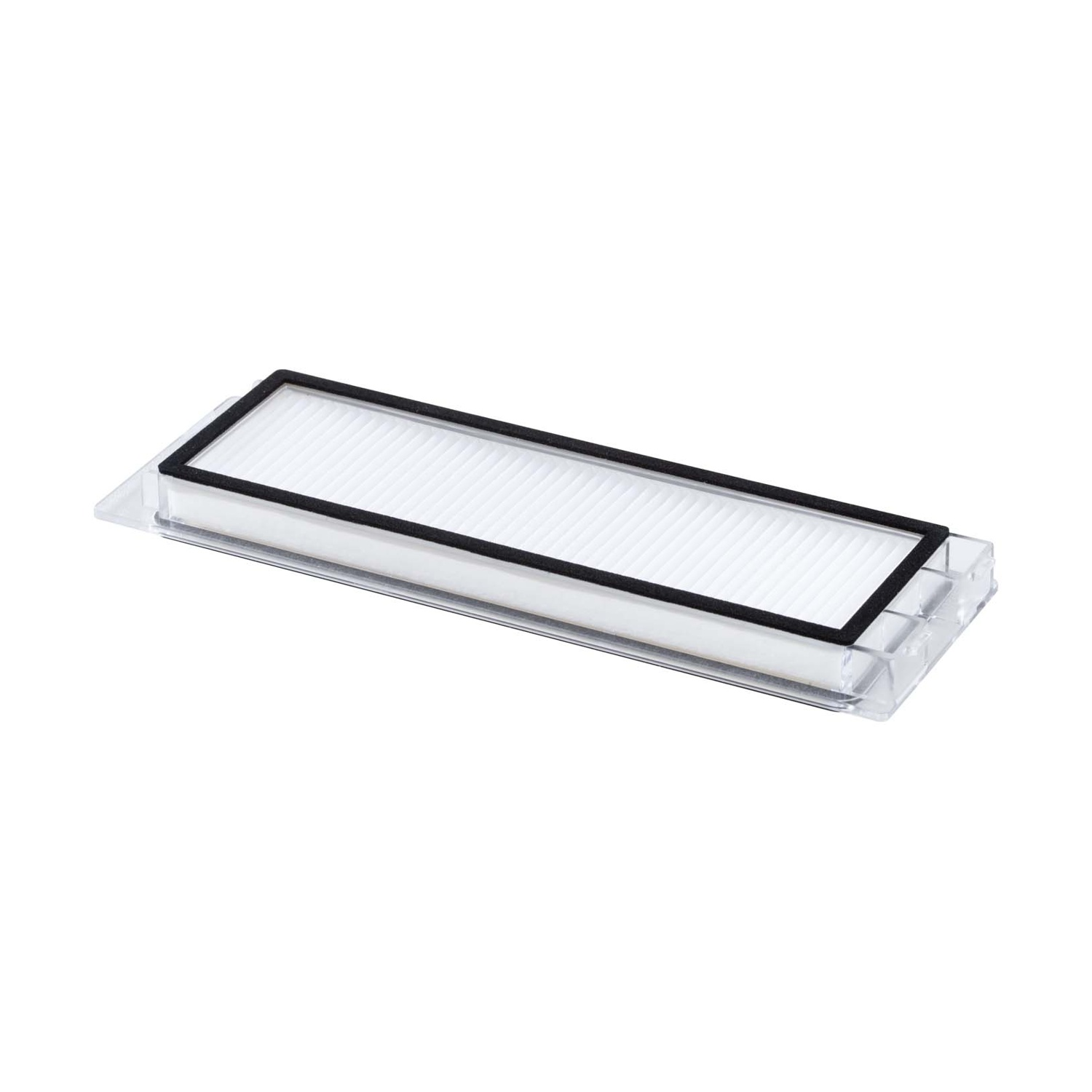 Un filtro bianco con cornice nera in una custodia di plastica trasparente.