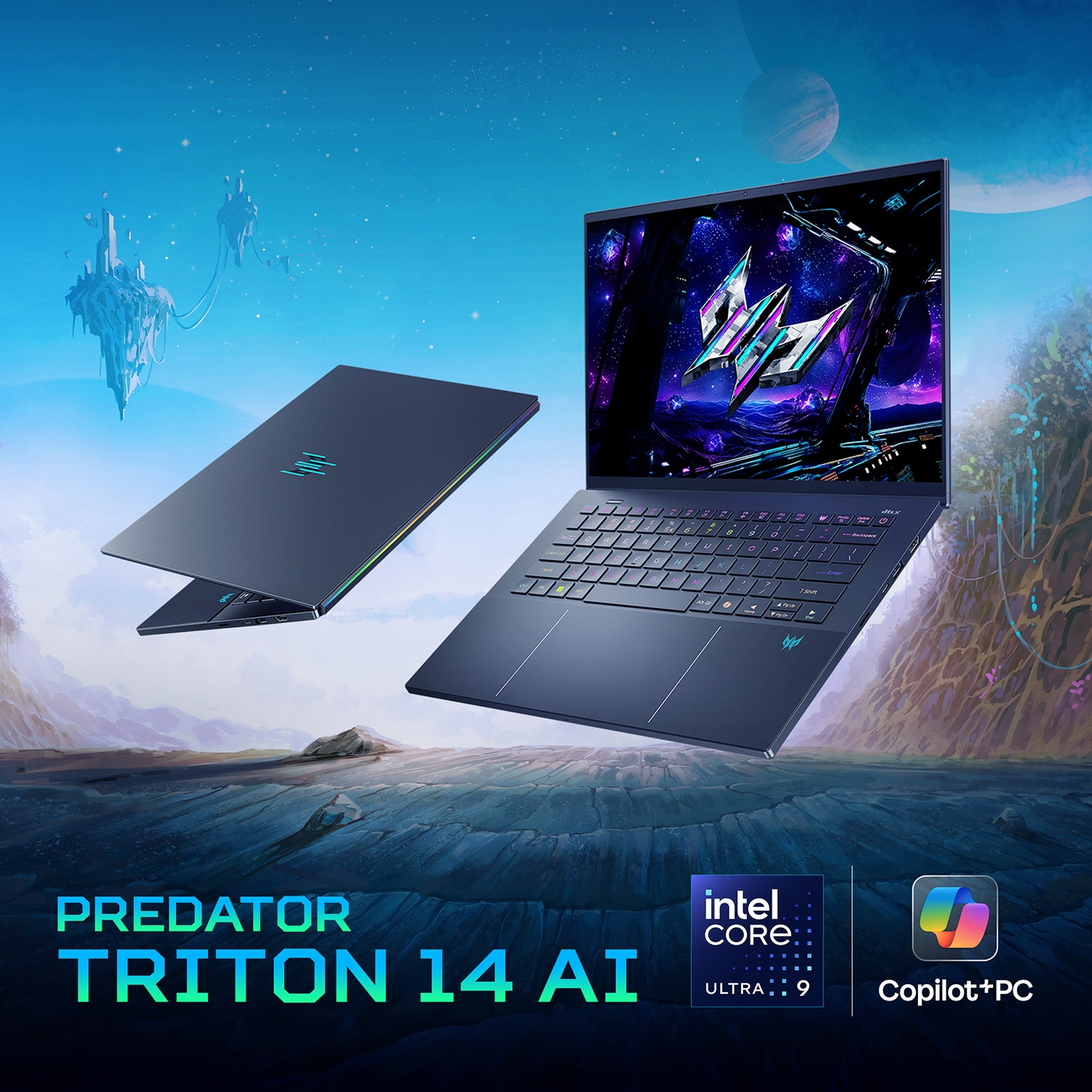 Un laptop blu con tastiera luminosa e sfondo futuristico.