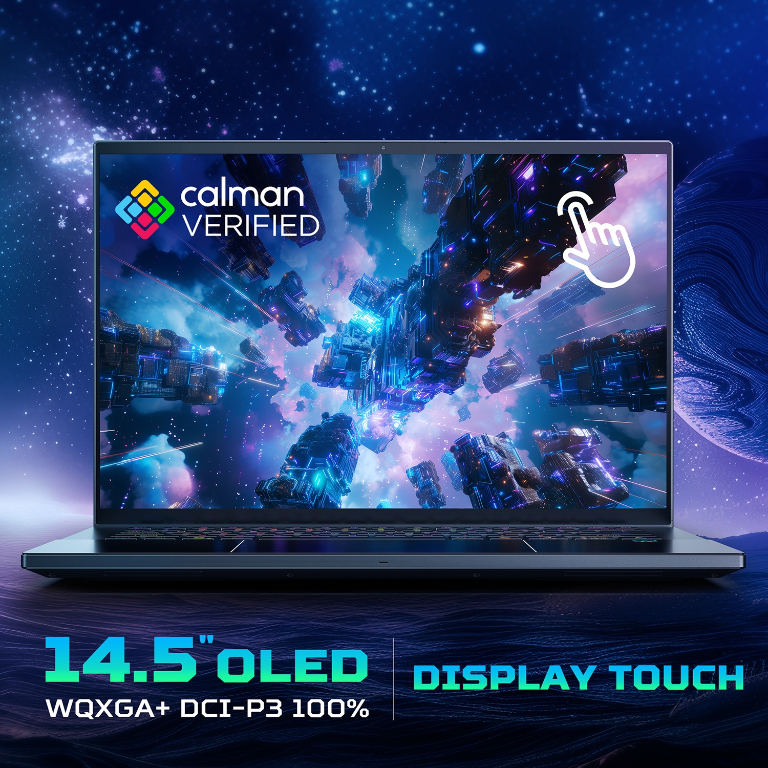 Un laptop con display OLED da 14,5 pollici che mostra una scena spaziale.