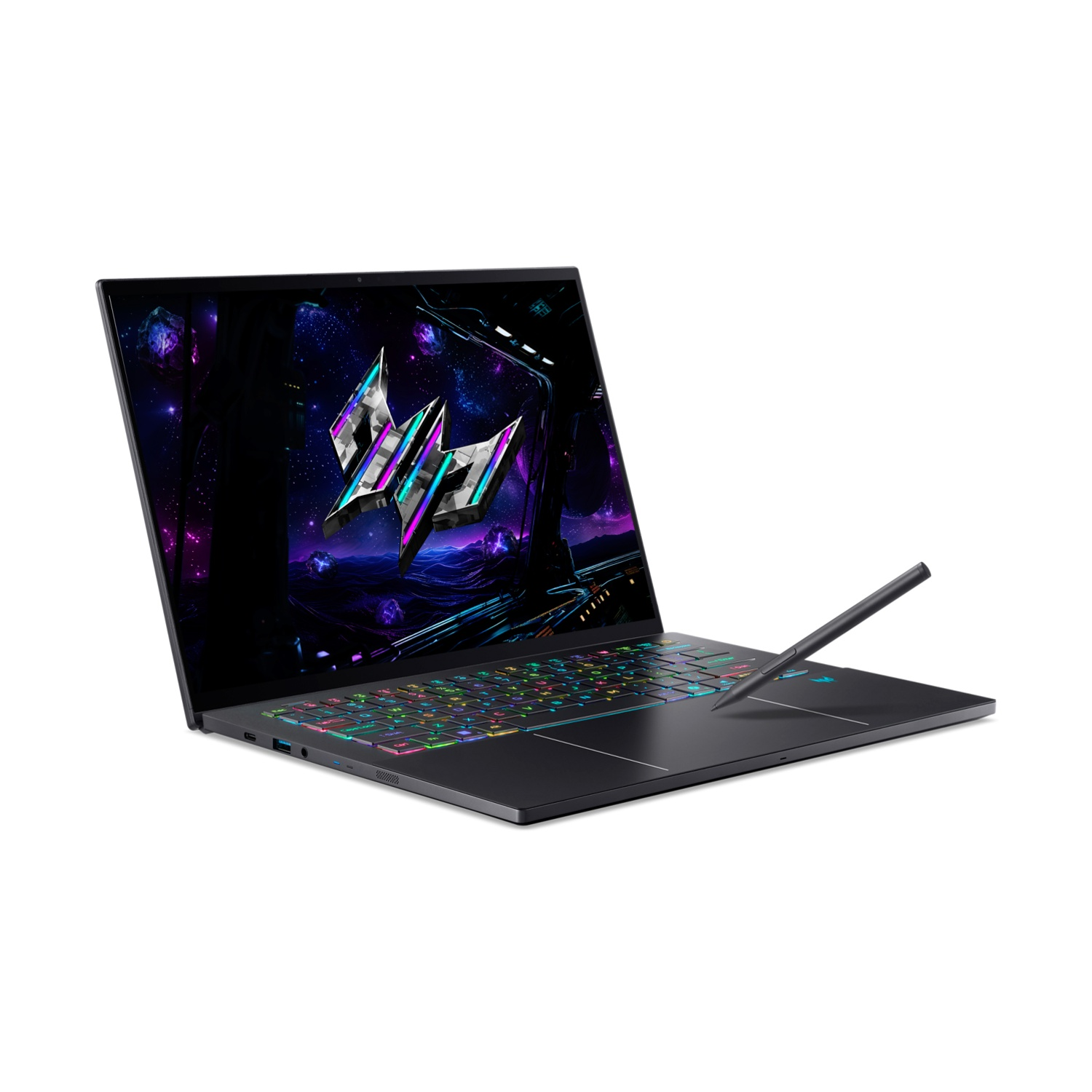 Un laptop scuro con tastiera retroilluminata e stilo sul touchpad.