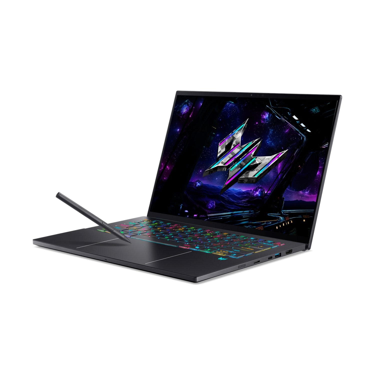 Laptop nero con tastiera luminosa e pennino su sfondo bianco.
