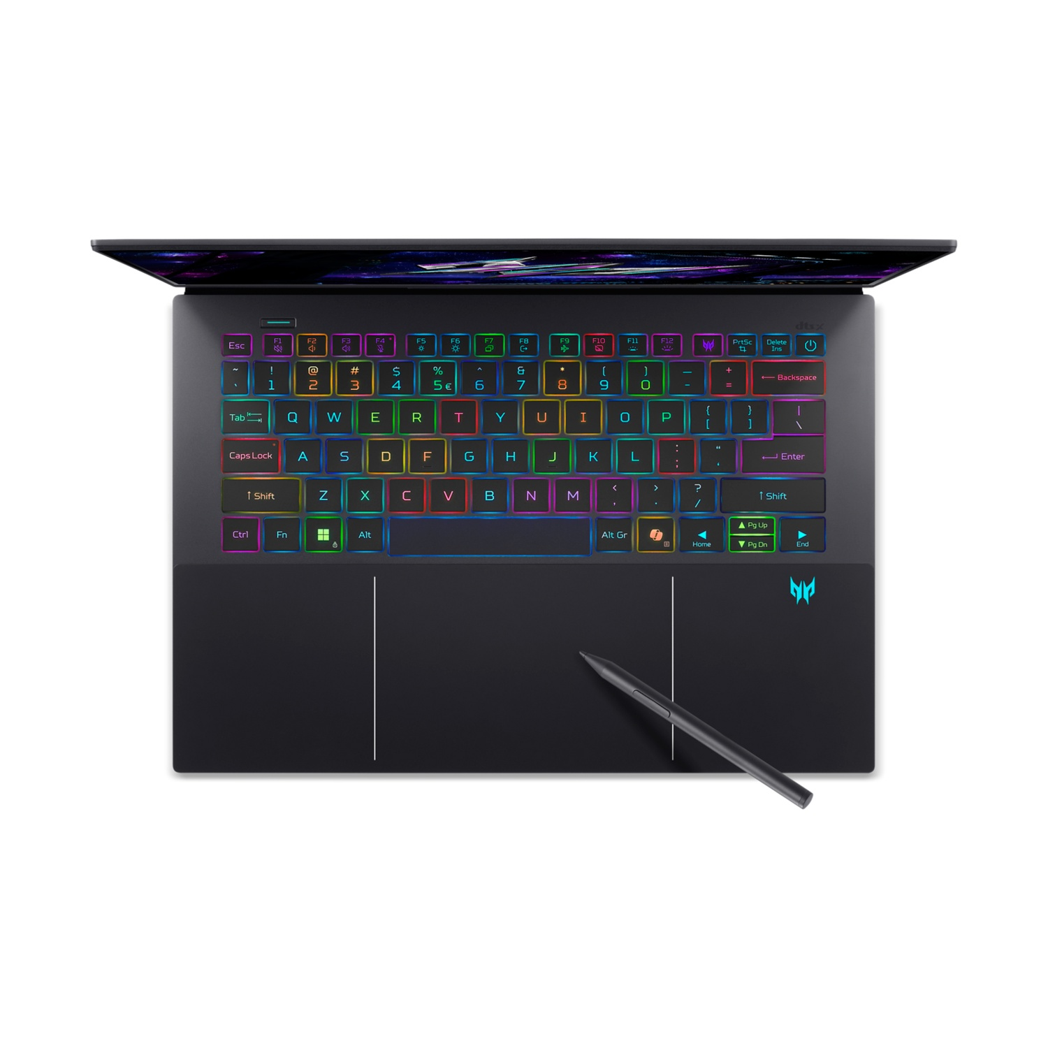 Un laptop nero con tastiera retroilluminata RGB e un pennino sul touchpad.
