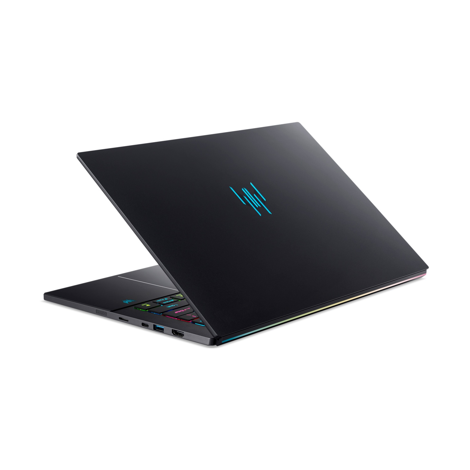 Laptop nero con logo blu e tastiera colorata, visto da dietro a sinistra.