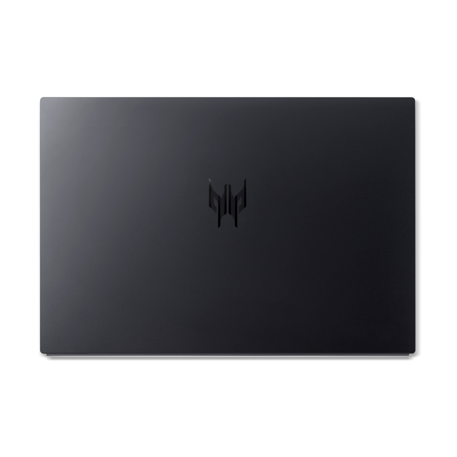 Laptop nero chiuso con logo stilizzato al centro.