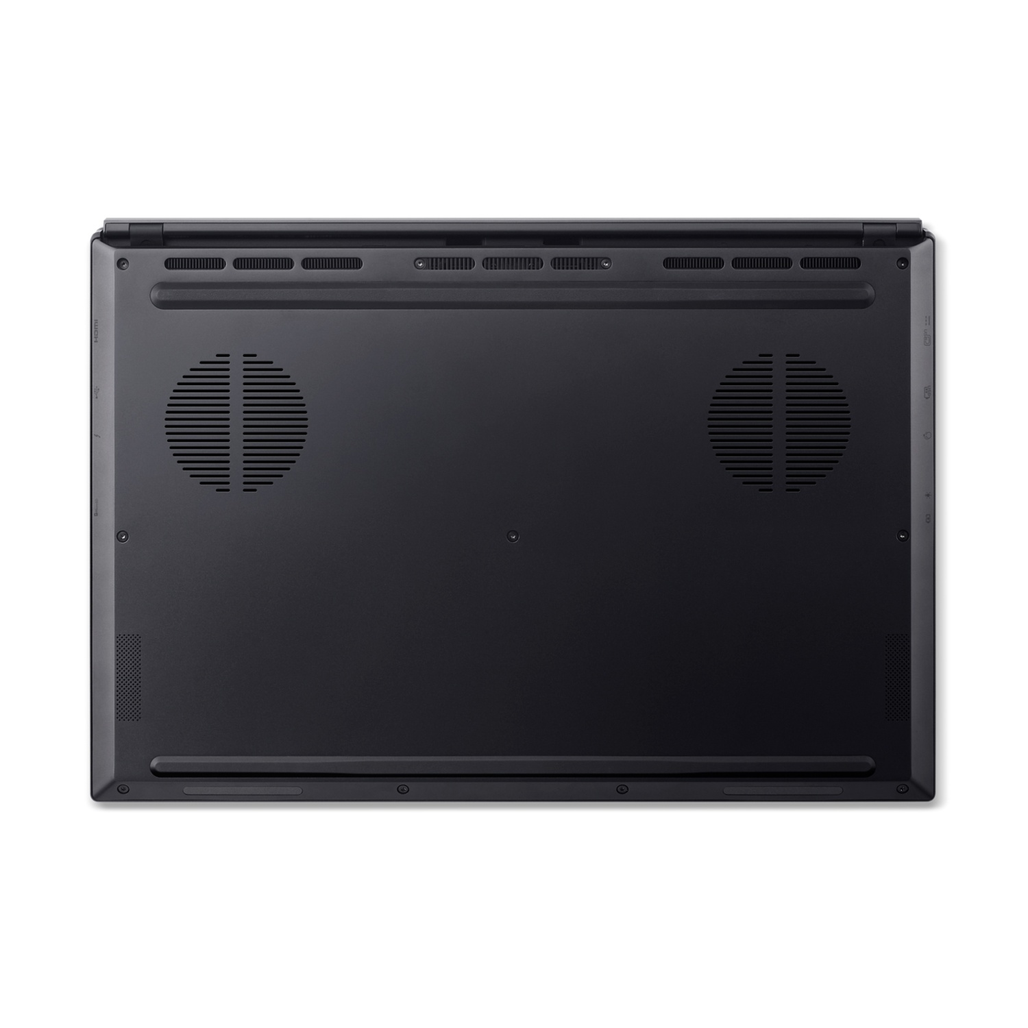 Parte inferiore di un laptop nero con griglie di ventilazione e porte.
