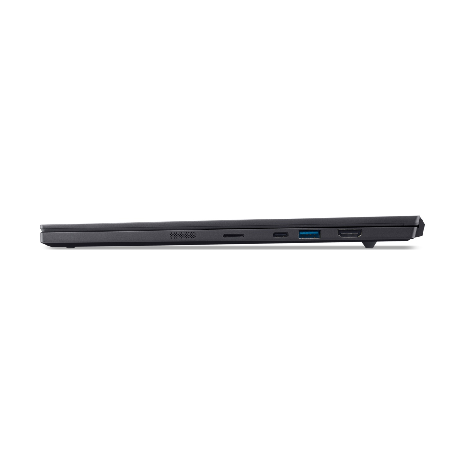 Vista laterale di un laptop nero con porte USB-A, USB-C e HDMI.