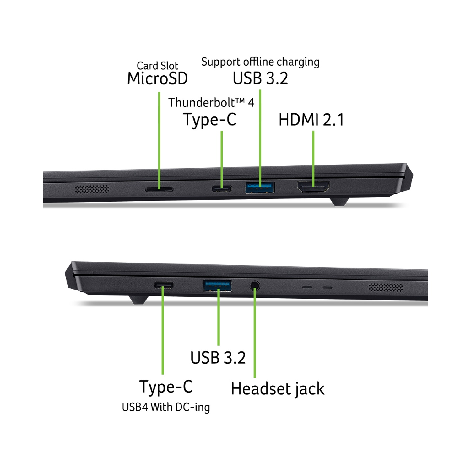 Panoramica porte: MicroSD, USB 3.2, HDMI 2.1, Thunderbolt Type-C, Cuffie.