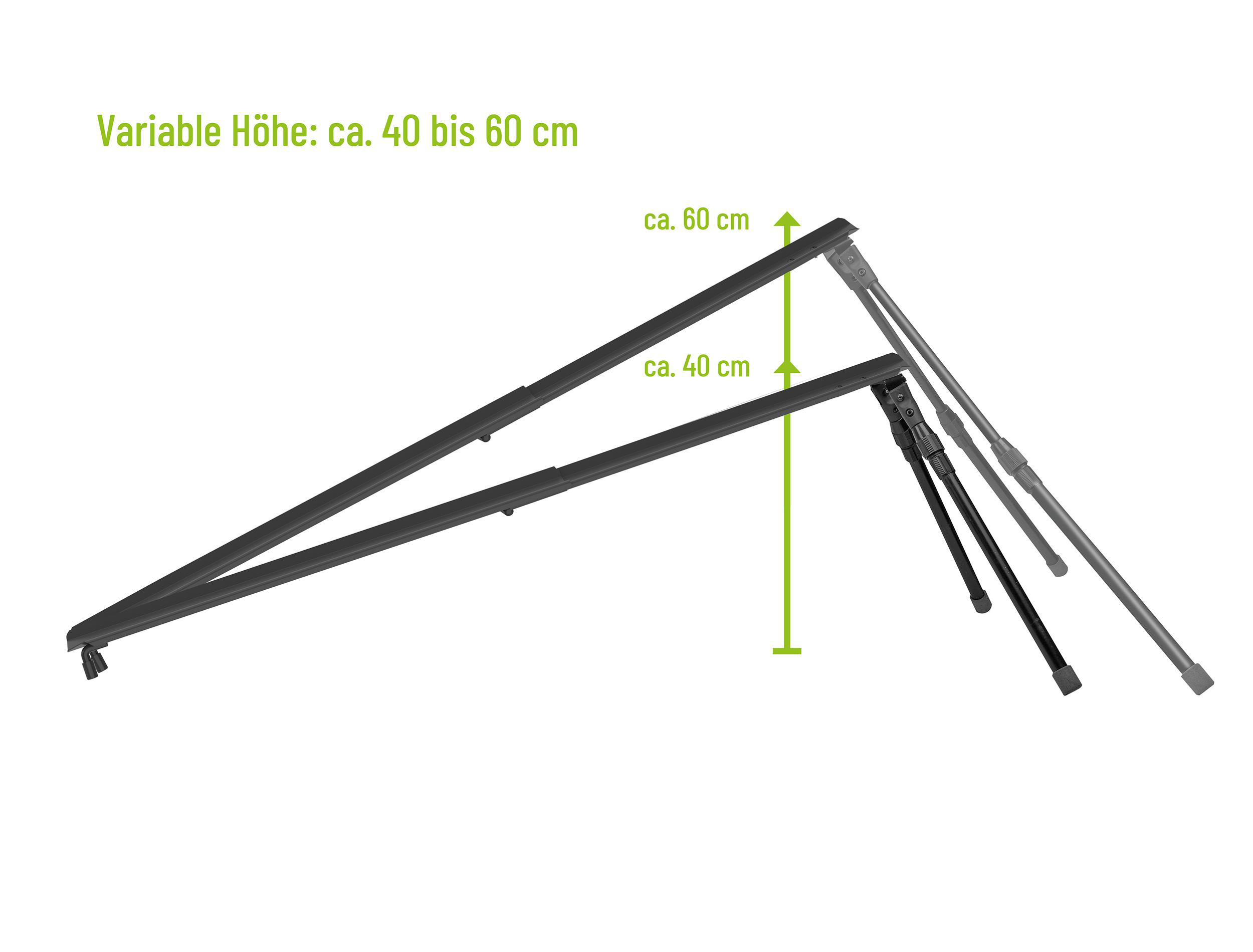 Zwei ausfahrbare Ständer zeigen Höhen von 40 cm und 60 cm.