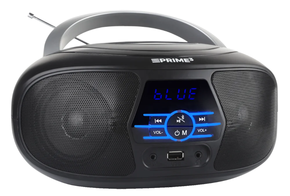 Czarna boombox z niebieskim wyświetlaczem i anteną.