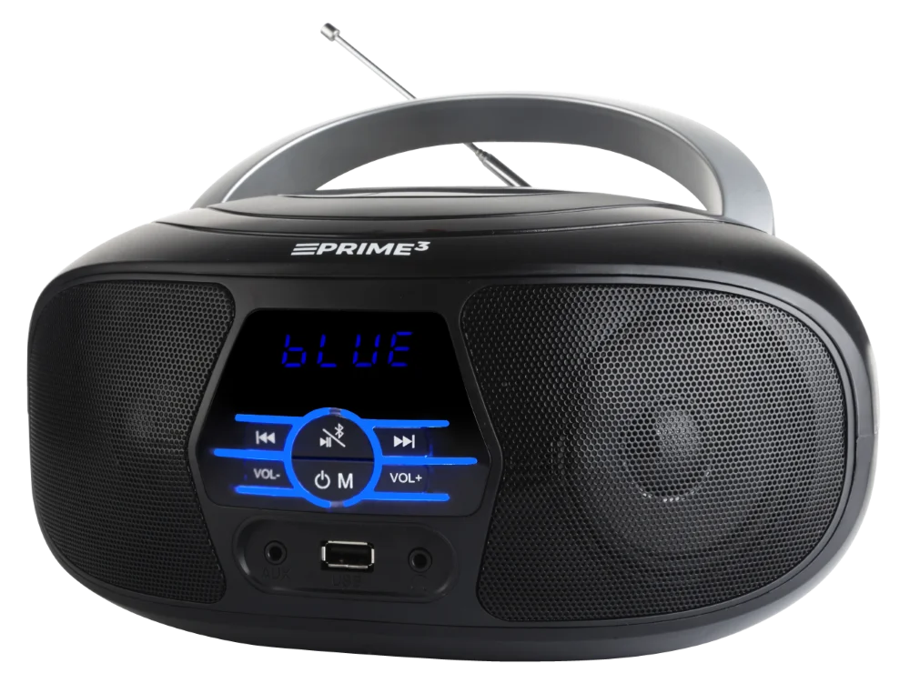 Czarny boombox z srebrnym uchwytem i niebieskimi przyciskami.