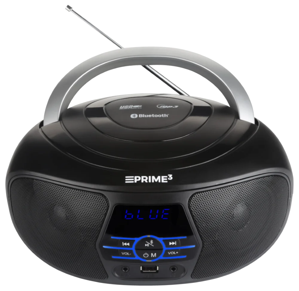 Czarny przenośny odtwarzacz CD z srebrnym uchwytem i anteną.