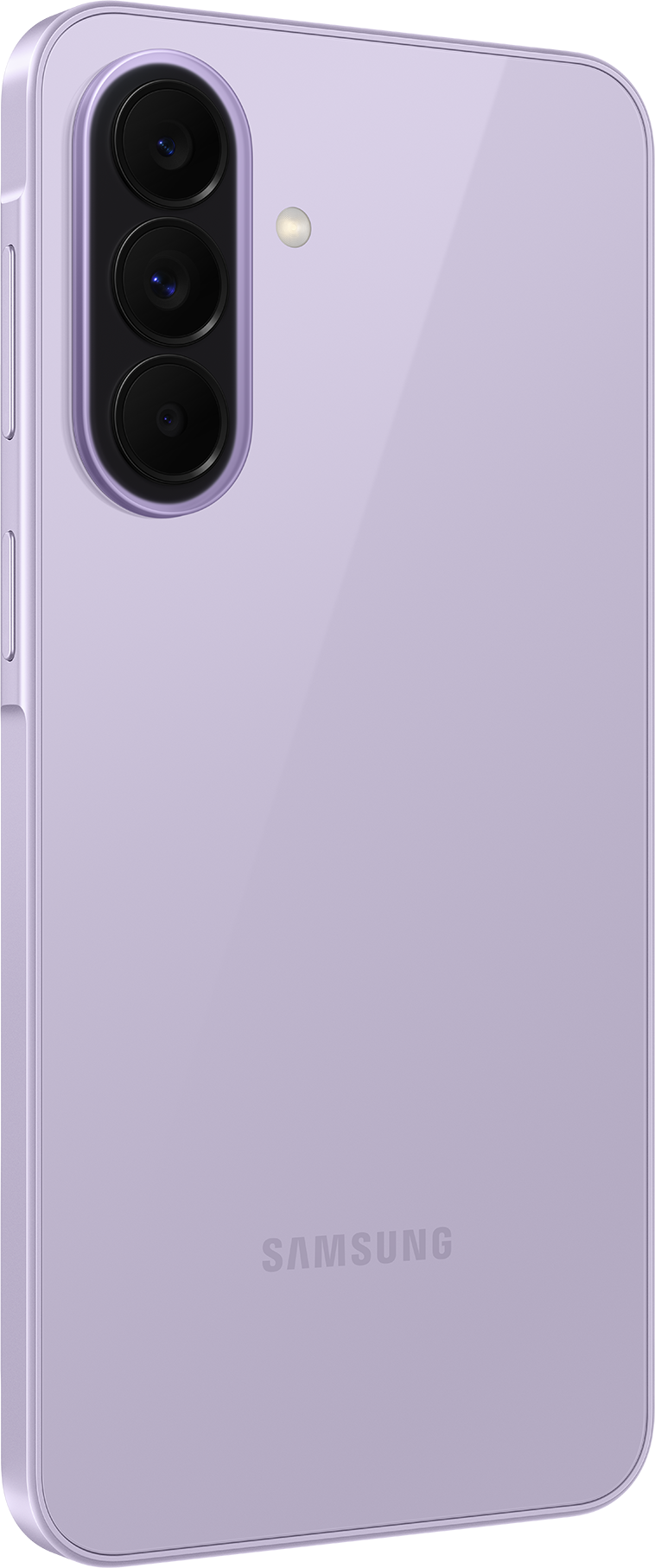 Lila okostelefon függőleges kamerákkal és Samsung logóval.