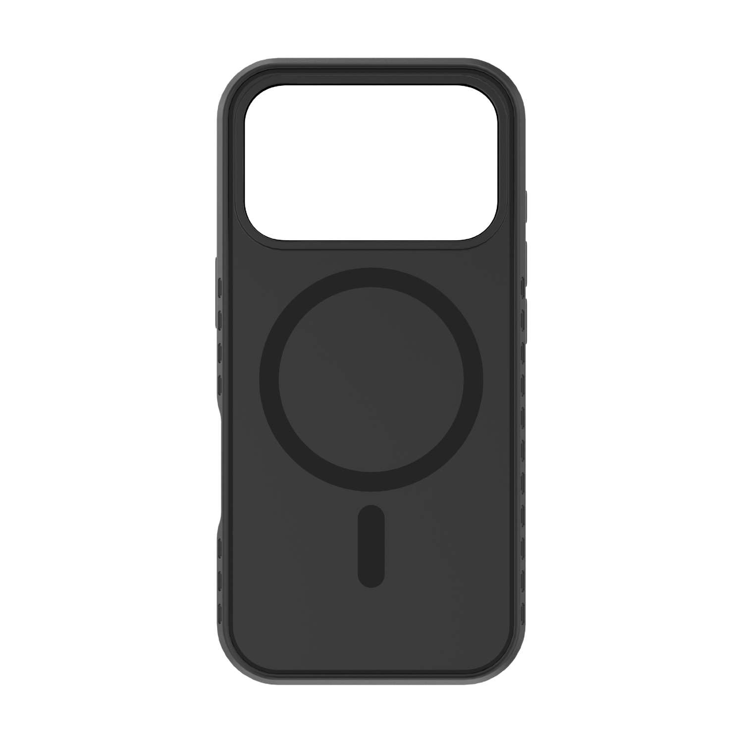 Custodia nera per telefono con anello MagSafe e ritaglio fotocamera.