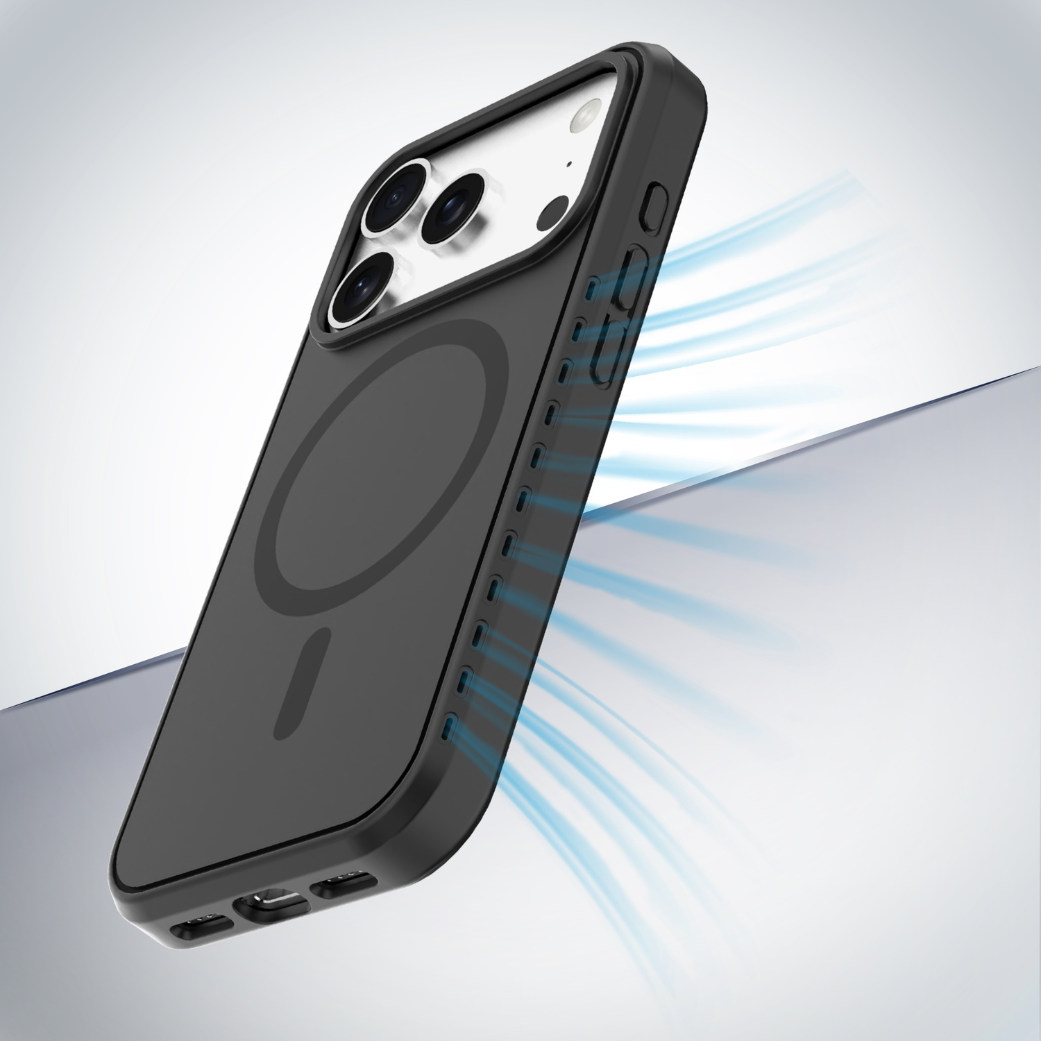 Custodia nera per telefono con tre fotocamere e accenti di flusso d'aria blu.