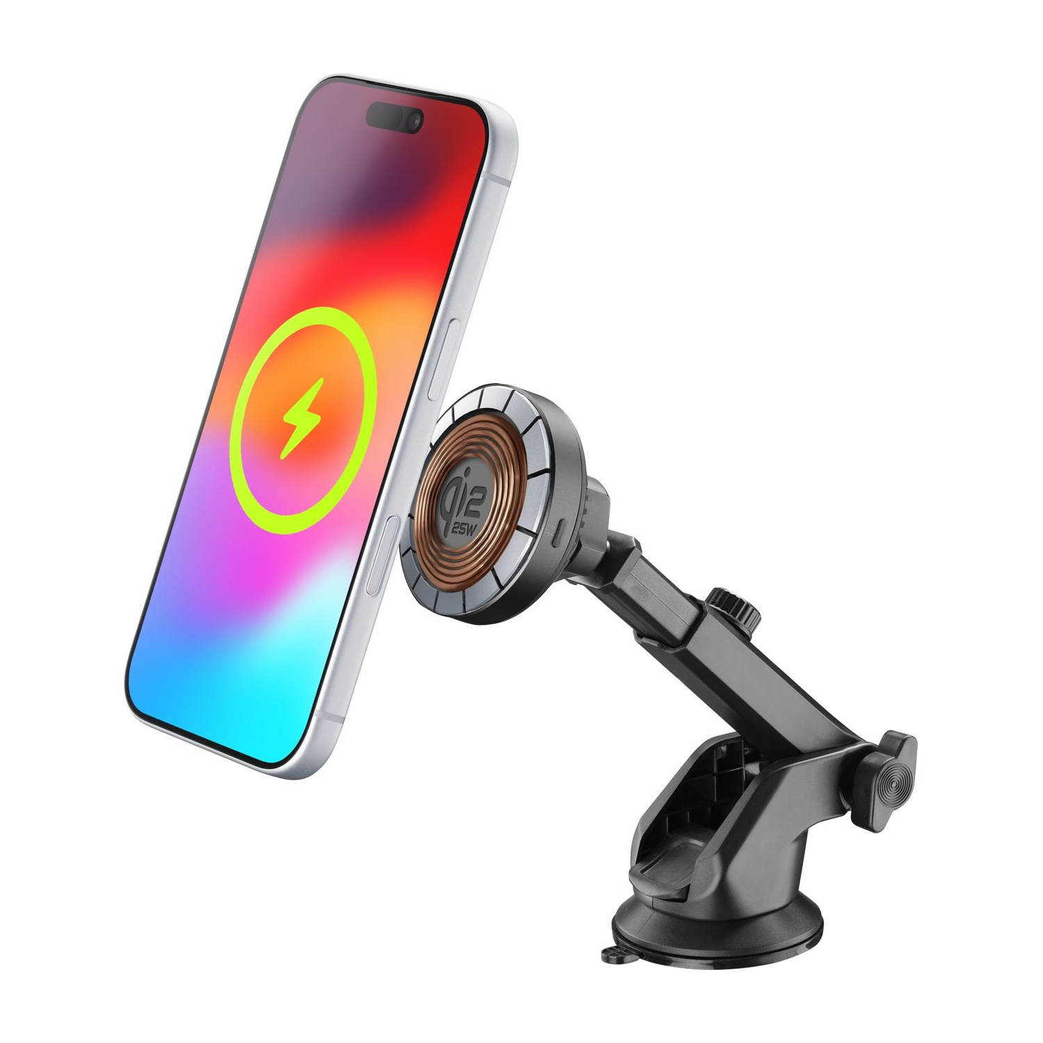 Uno smartphone argentato con indicatore di carica su supporto nero con ventosa.