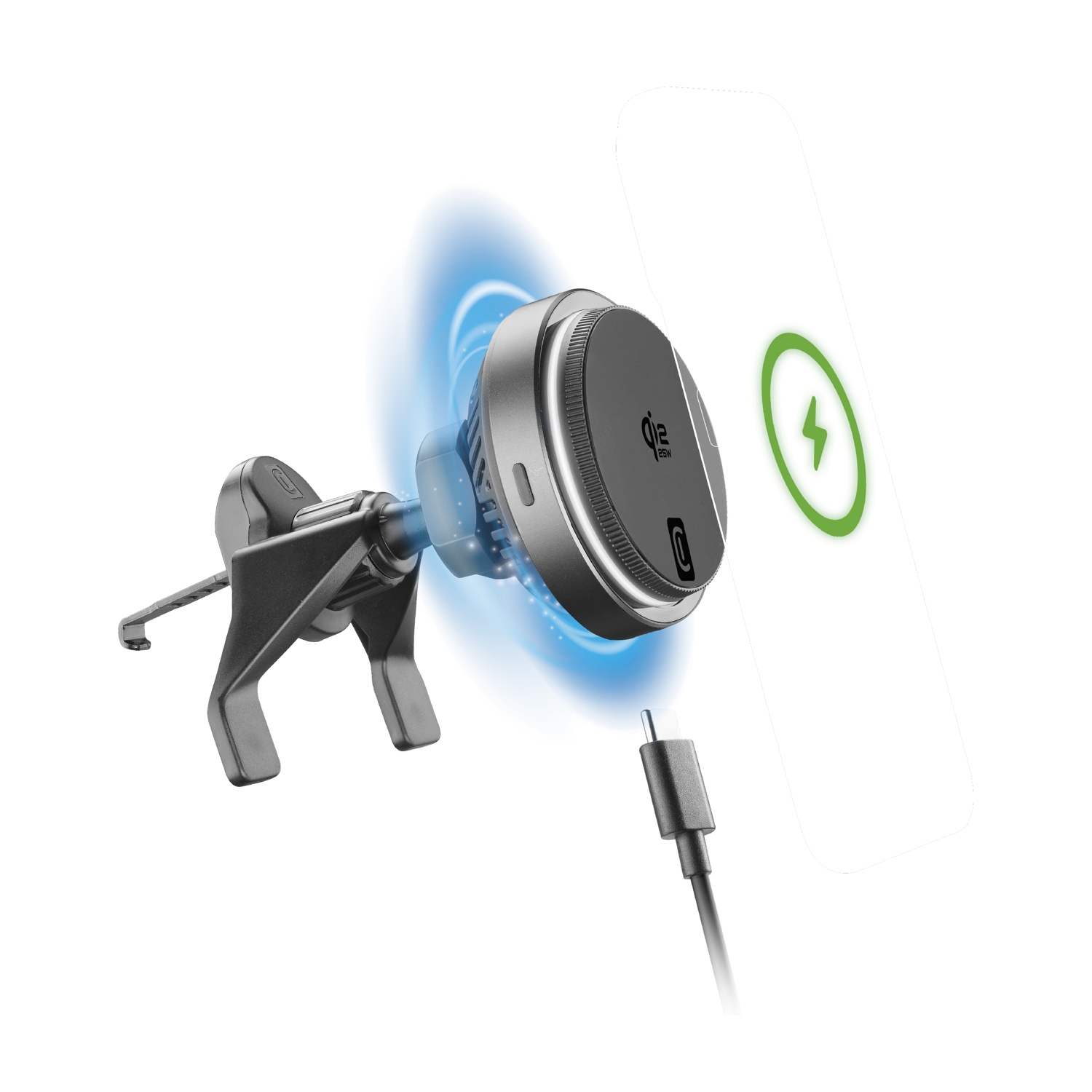 Un supporto grigio per telefono con bobina di ricarica Qi e cavo USB-C.