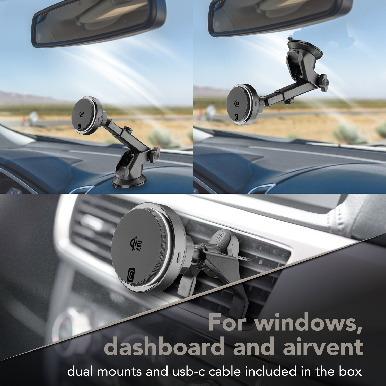 Supporti auto per finestrino, cruscotto, bocchetta aria. Doppio supporto e USB-C.