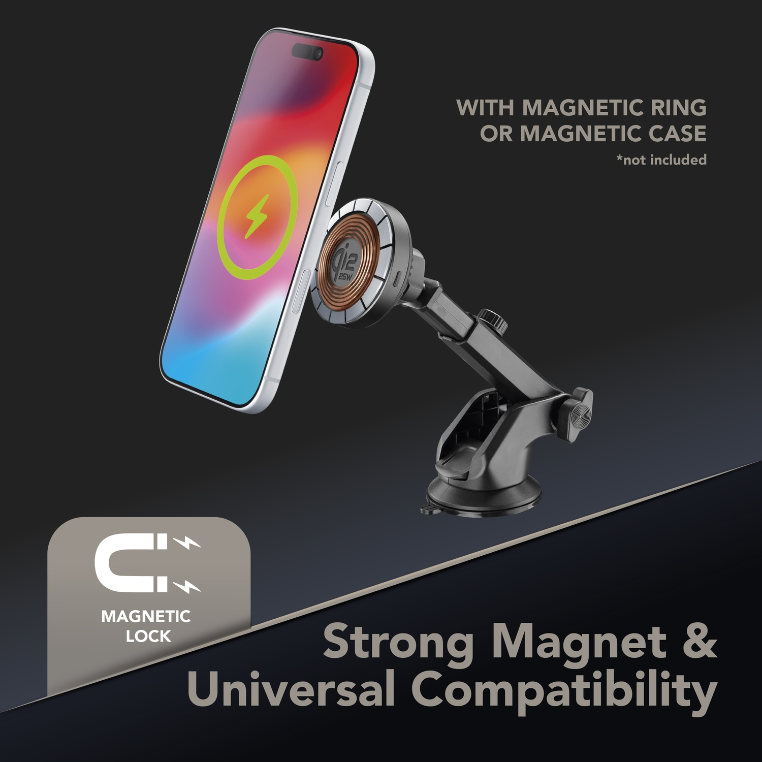 Uno smartphone con indicatore di carica su supporto magnetico.