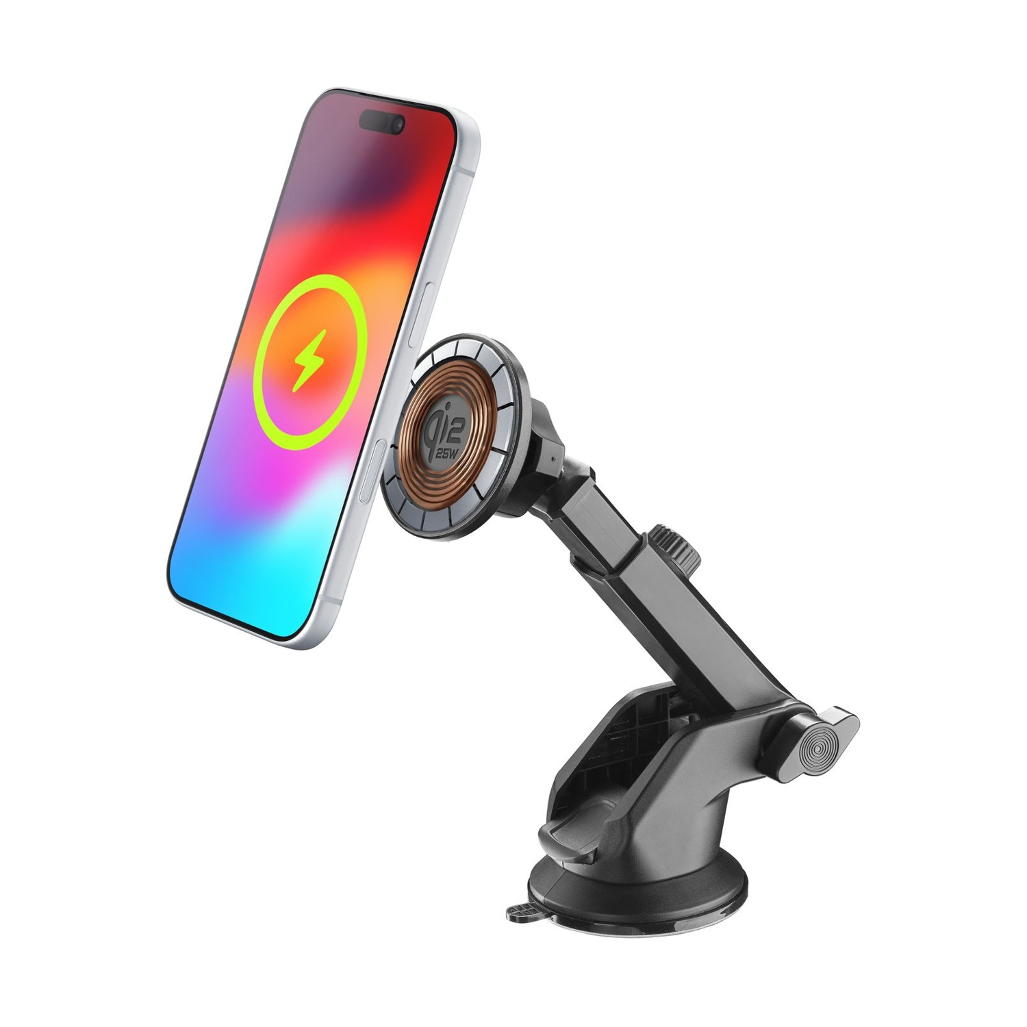 Supporto per telefono con ventosa, che tiene un telefono in carica wireless.