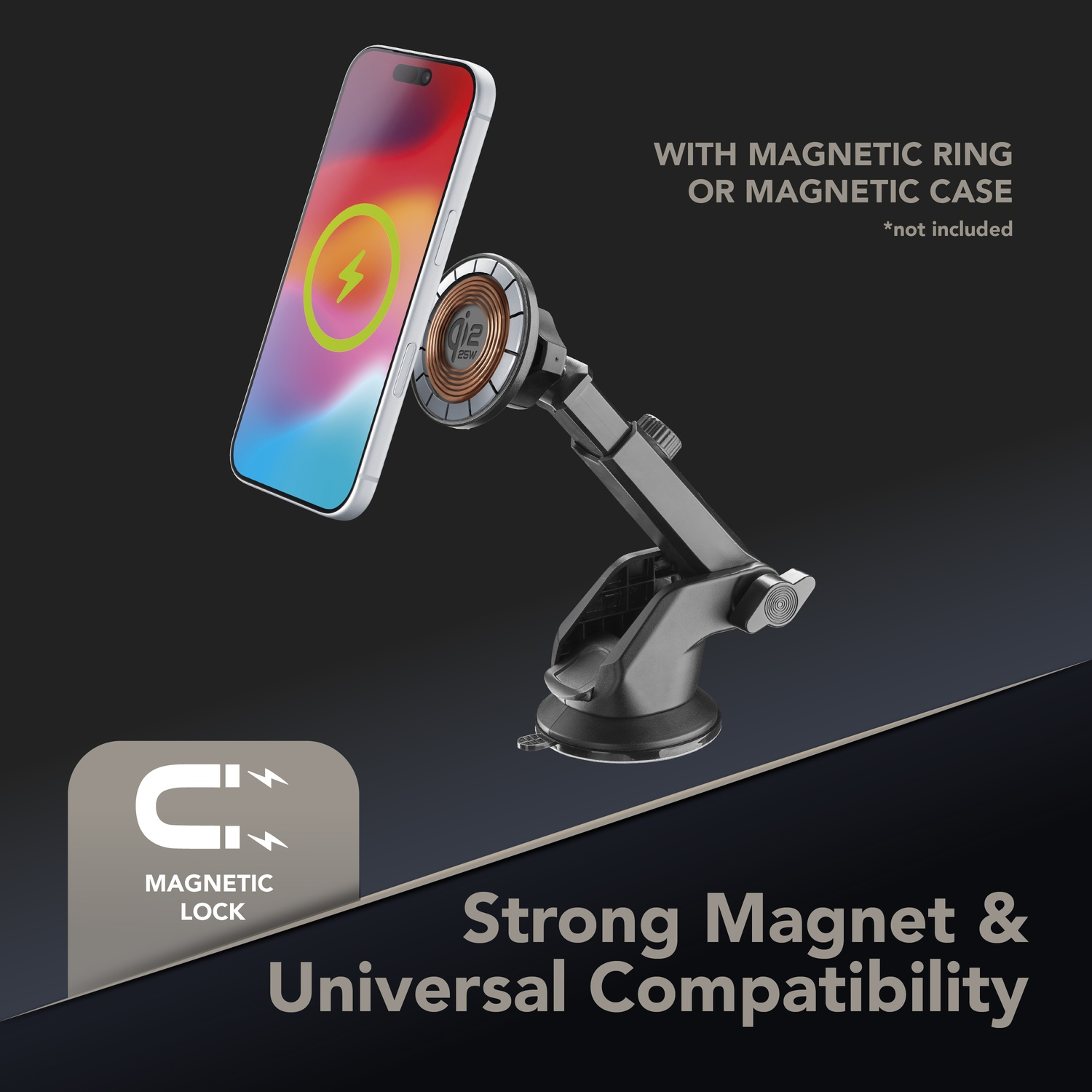 Telefono su supporto magnetico con icona di ricarica. Testo: Magnete forte e compatibilità universale.