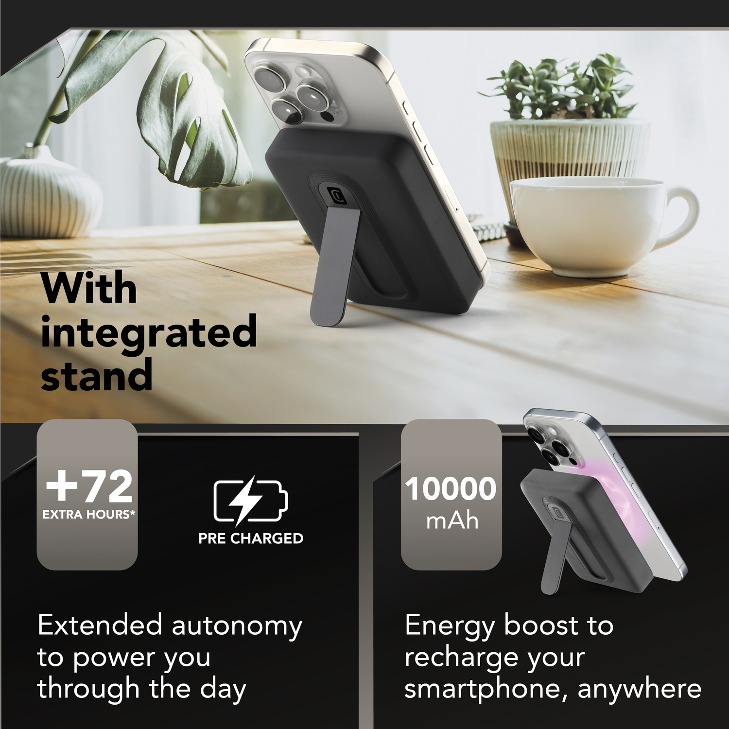 iPhone con supporto integrato e power bank su tavolo in legno.