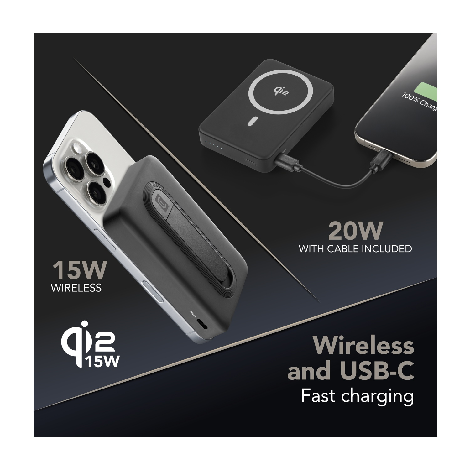 Caricabatterie Qi2 nero carica un iPhone wireless e un altro via USB-C.