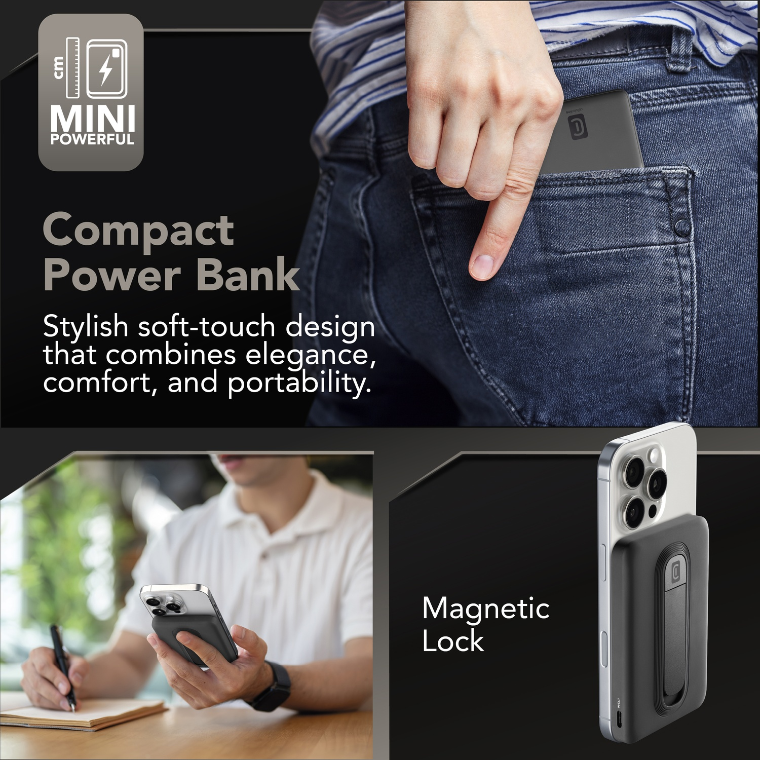 Power bank compatto in tasca, attaccato al telefono.