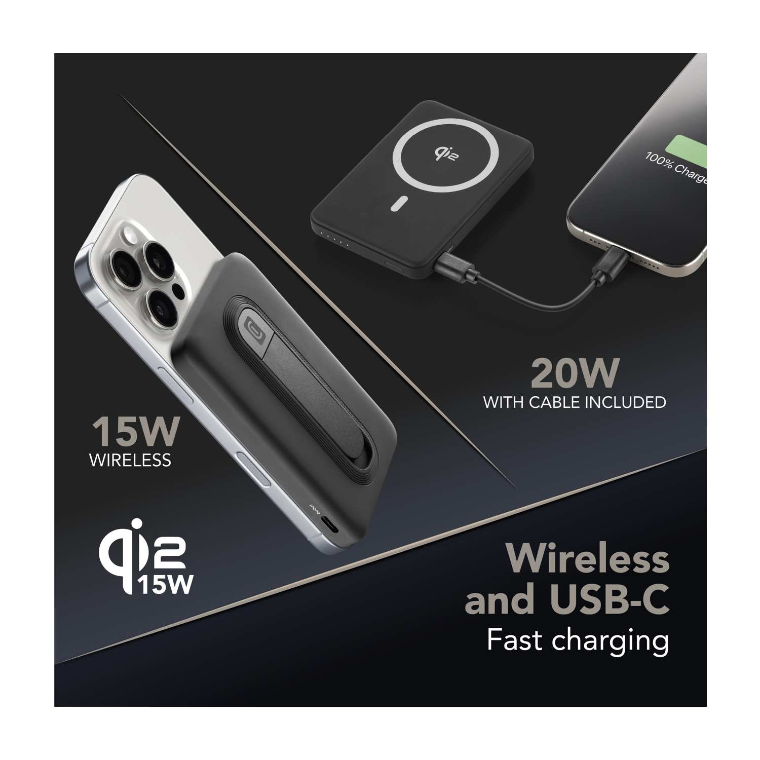 Un caricabatterie wireless e un power bank caricano un iPhone.