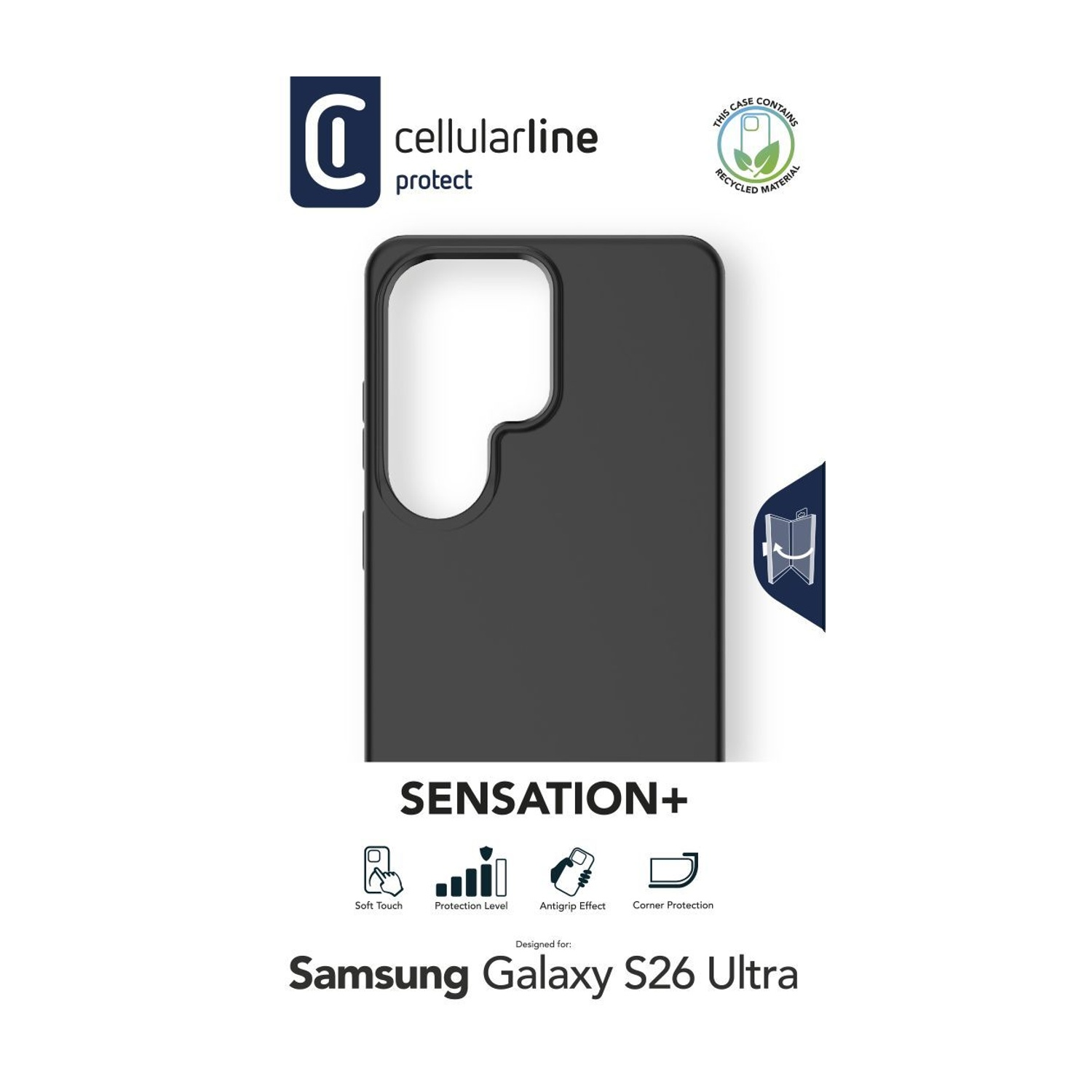 Custodia nera per Samsung Galaxy S26 Ultra con icone di protezione.