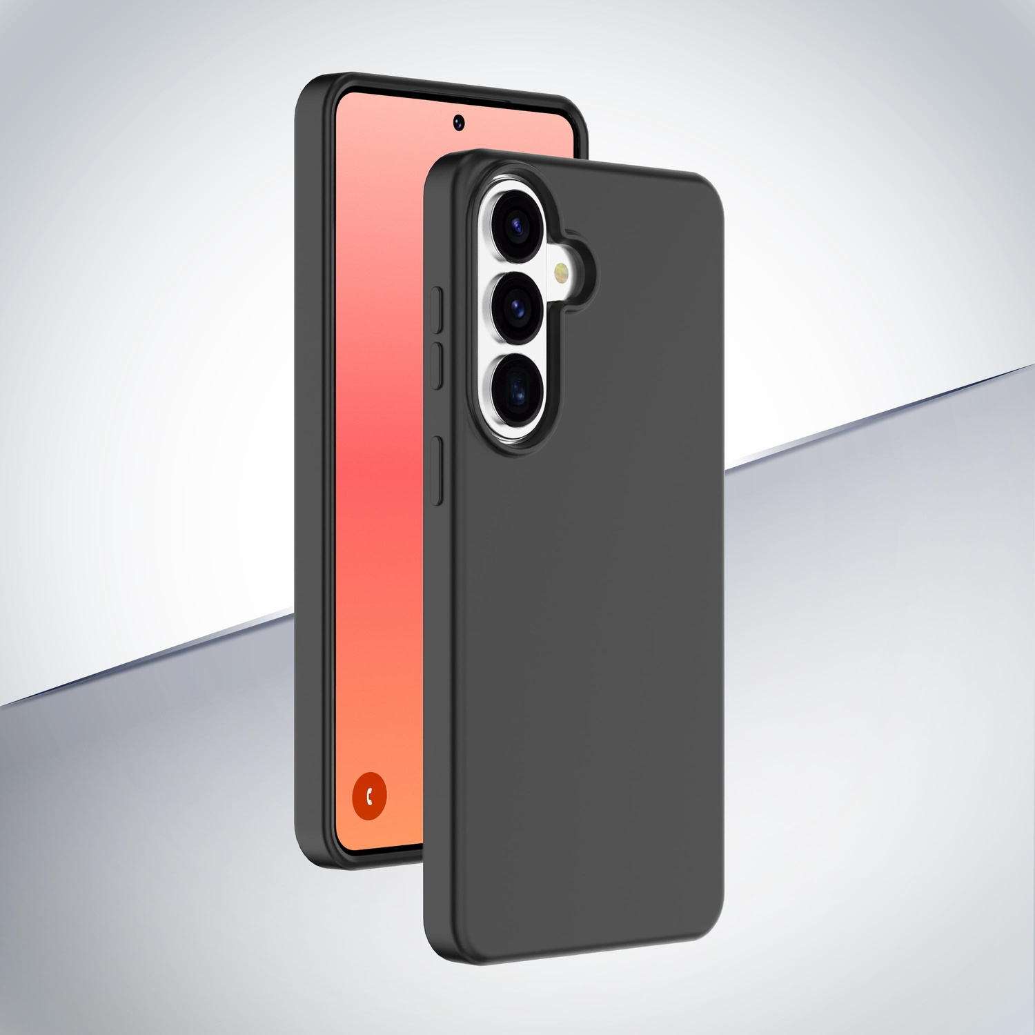 Telefono nero con fotocamere e schermo rosso, accanto a una cover nera.