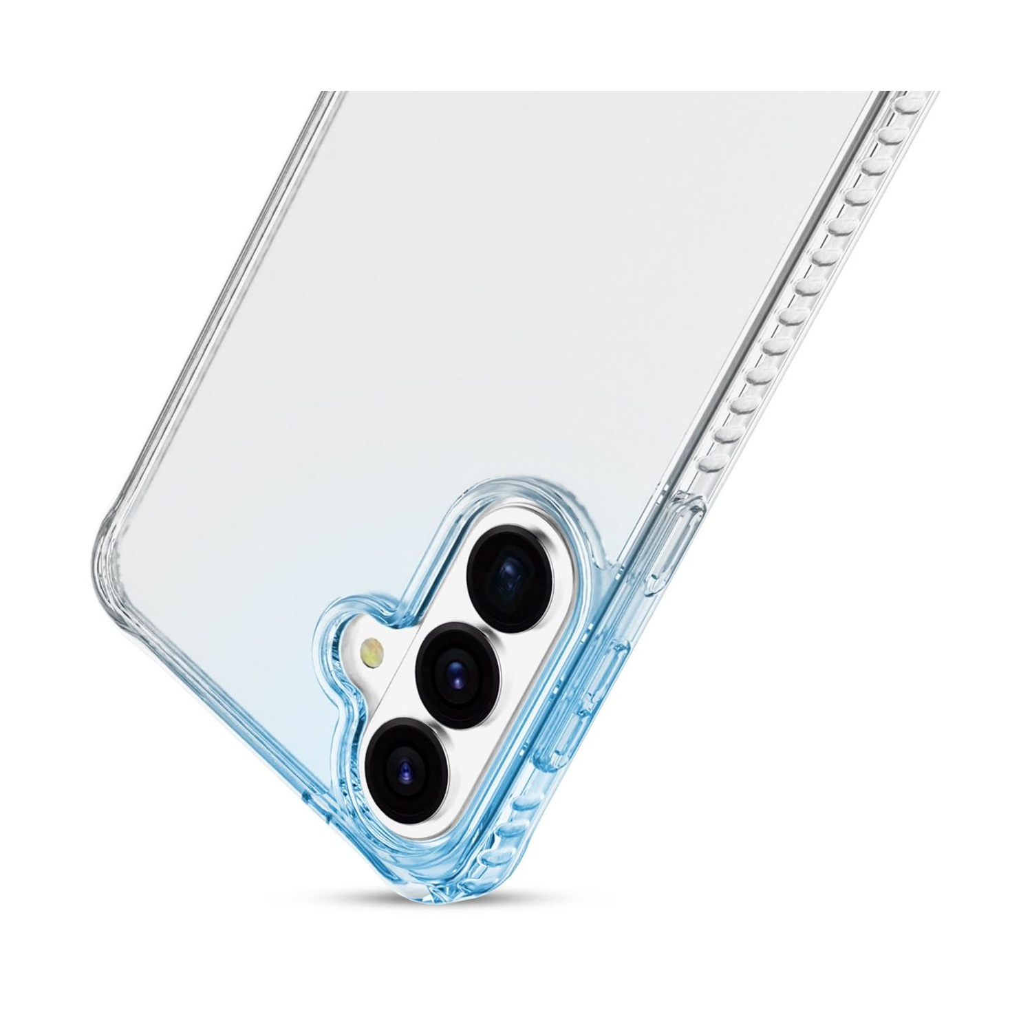 Custodia trasparente per telefono con bordo blu che mostra il modulo fotocamera.