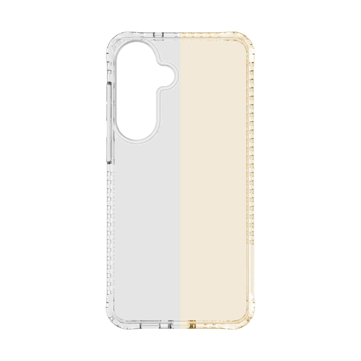 Custodia trasparente per telefono con ritaglio fotocamera e sfondo beige chiaro.