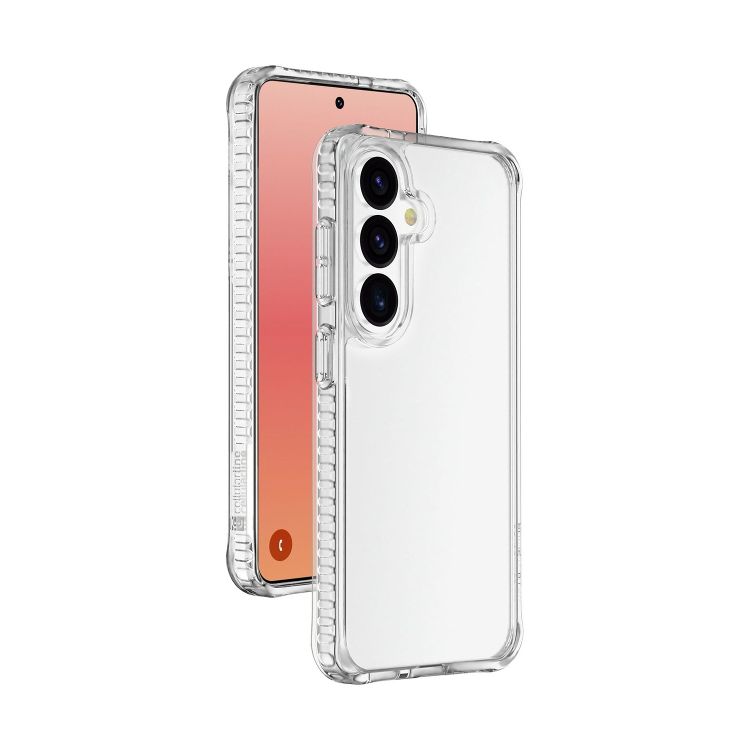 Una custodia trasparente su uno smartphone con schermo color arancio.