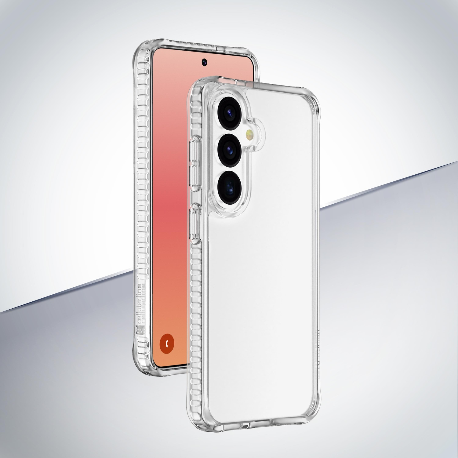 Una custodia trasparente per telefono con obiettivi della fotocamera visibili.