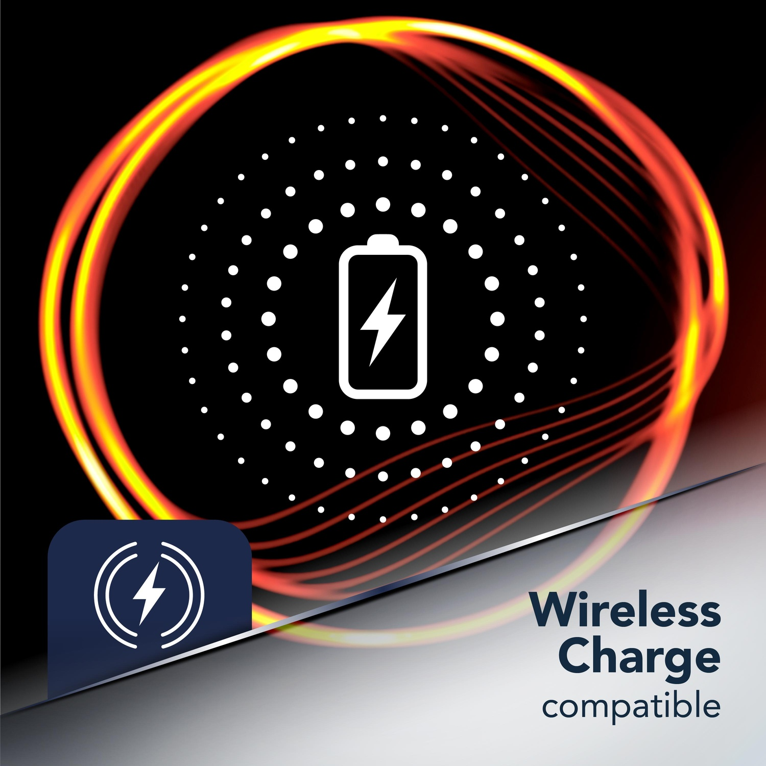 Simbolo di ricarica wireless con icona batteria e fulmine.