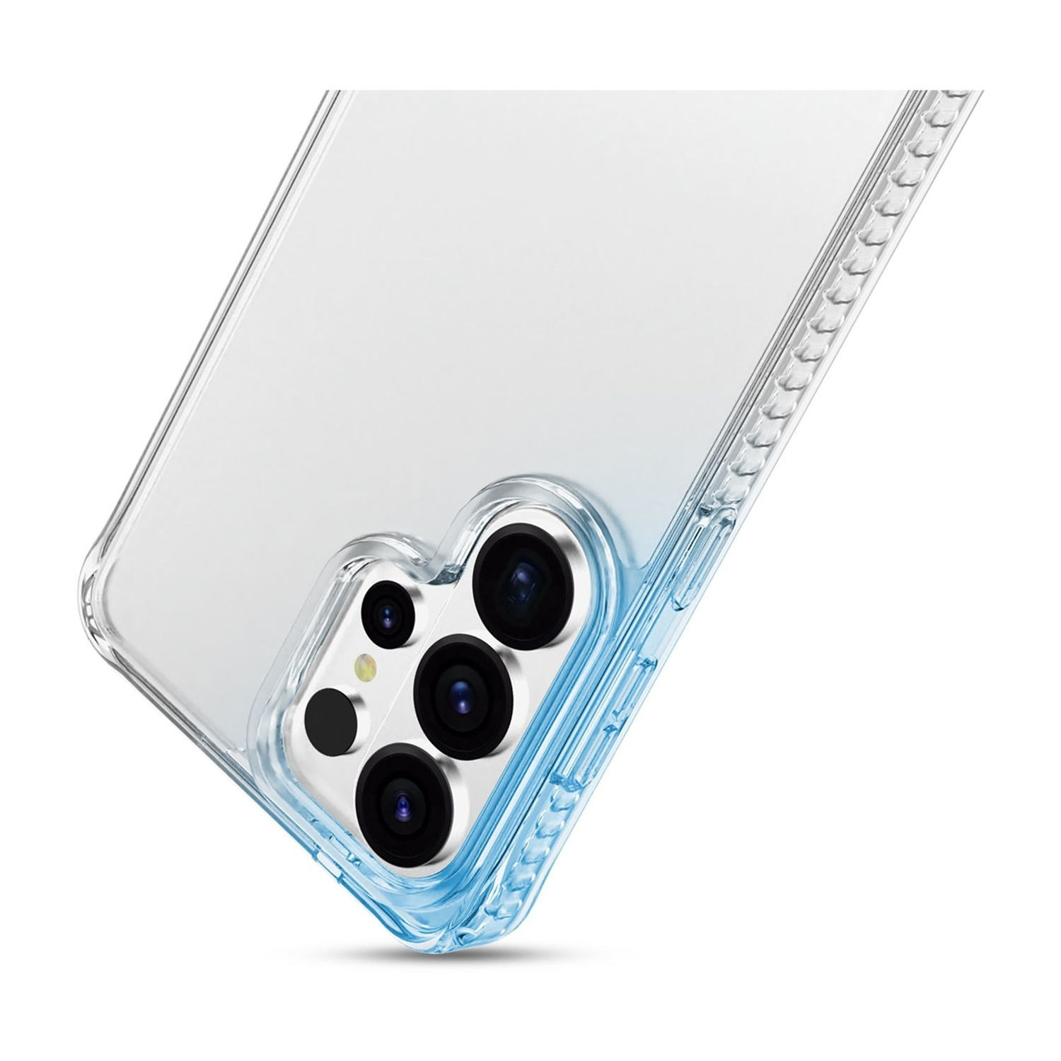 Primo piano di una cover trasparente per telefono con sfumatura blu, che mostra le lenti.