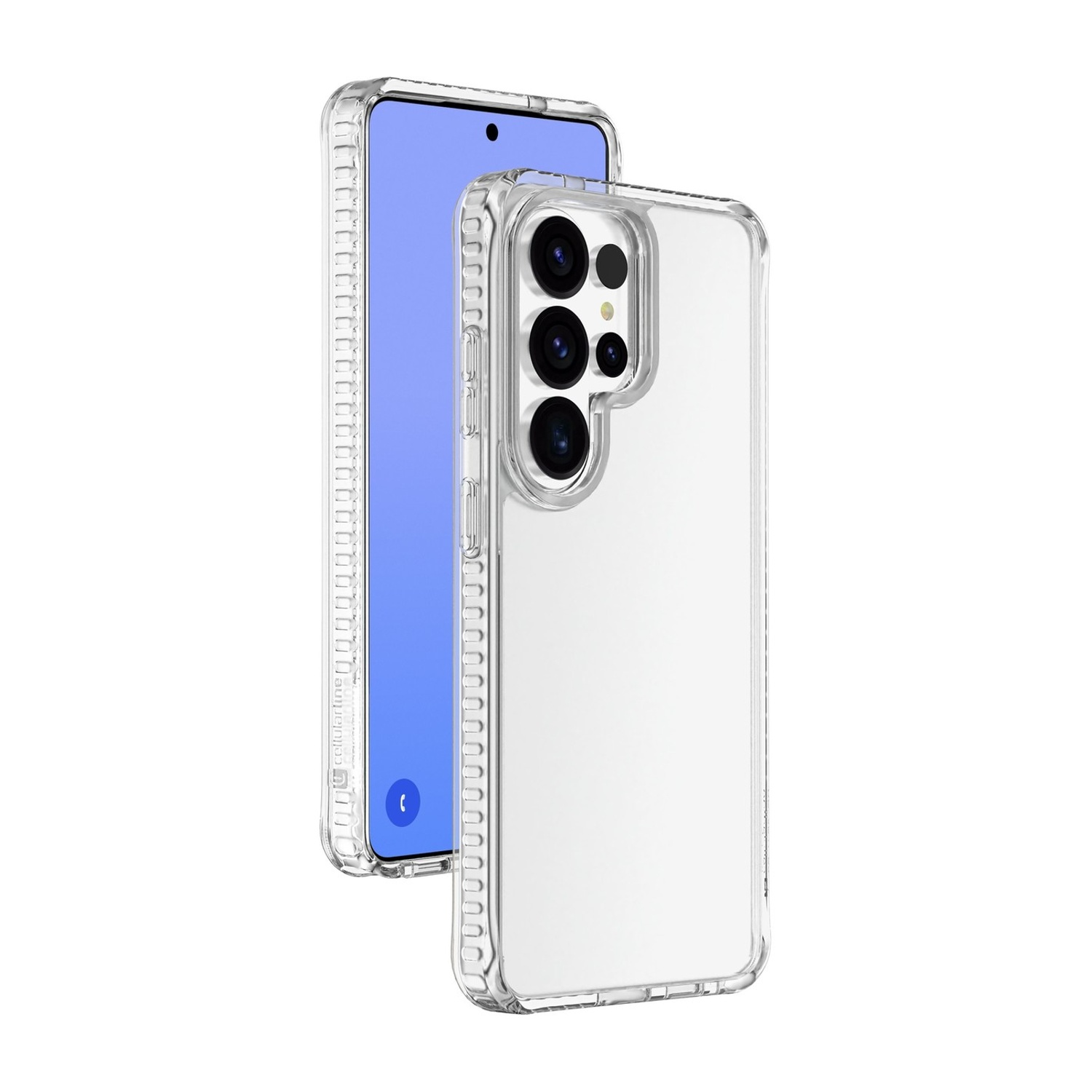 Una cover trasparente per telefono con uno smartphone all'interno. Sfondo bianco.