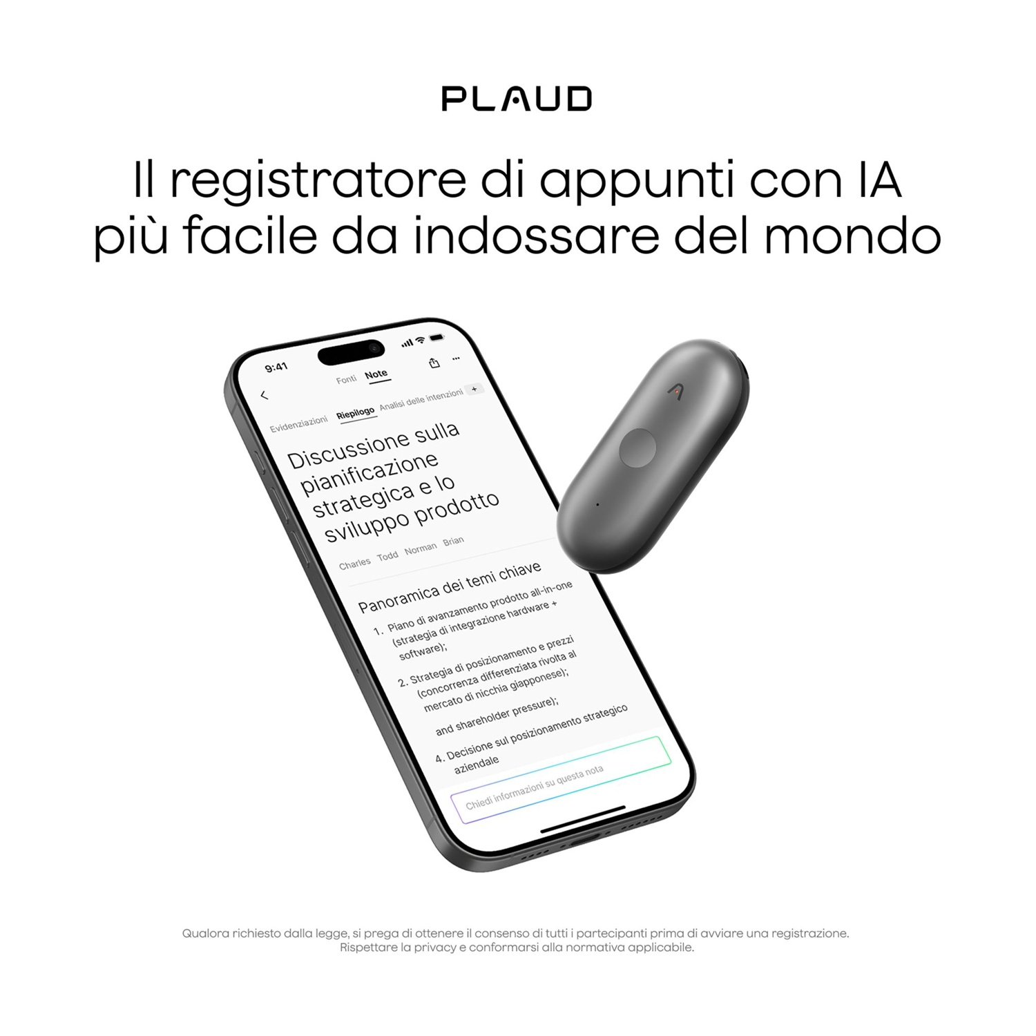 Uno smartphone mostra una nota intitolata 'Discussione sulla pianificazione strategica'. Un registratore IA grigio è accanto.
