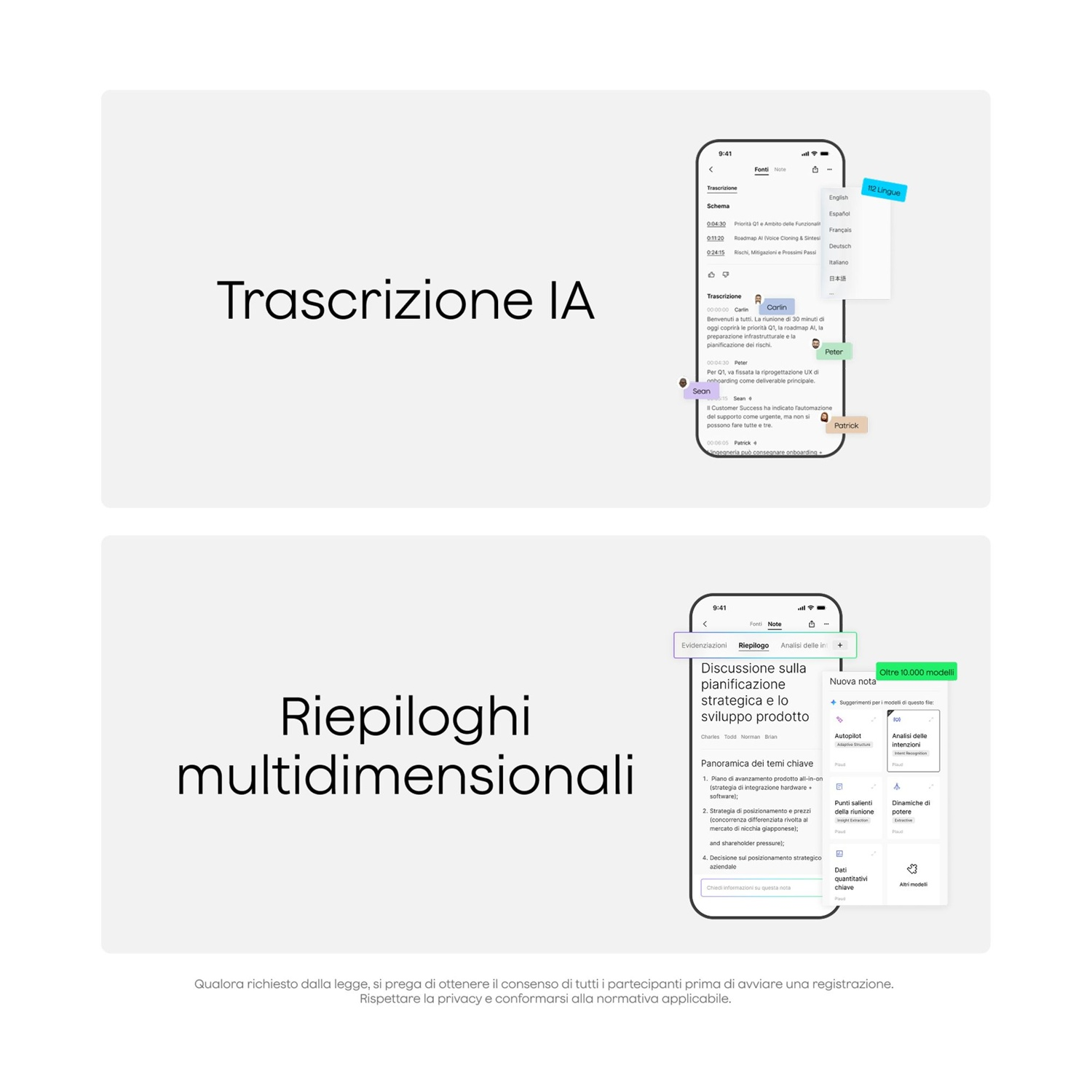 Trascrizione IA e note AI con selezione lingua e riassunti riunioni.