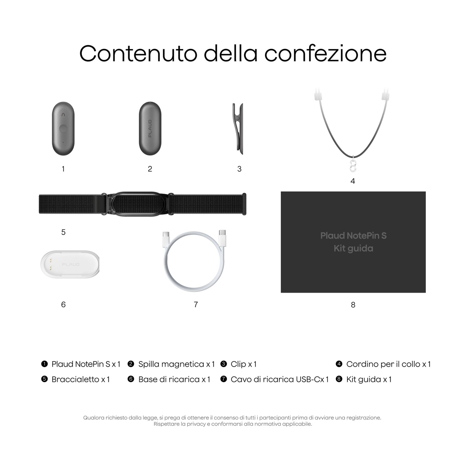 Contenuto della confezione: 2 Plaud NotePin, clip, cordino, braccialetto, base di ricarica, cavo USB-C.