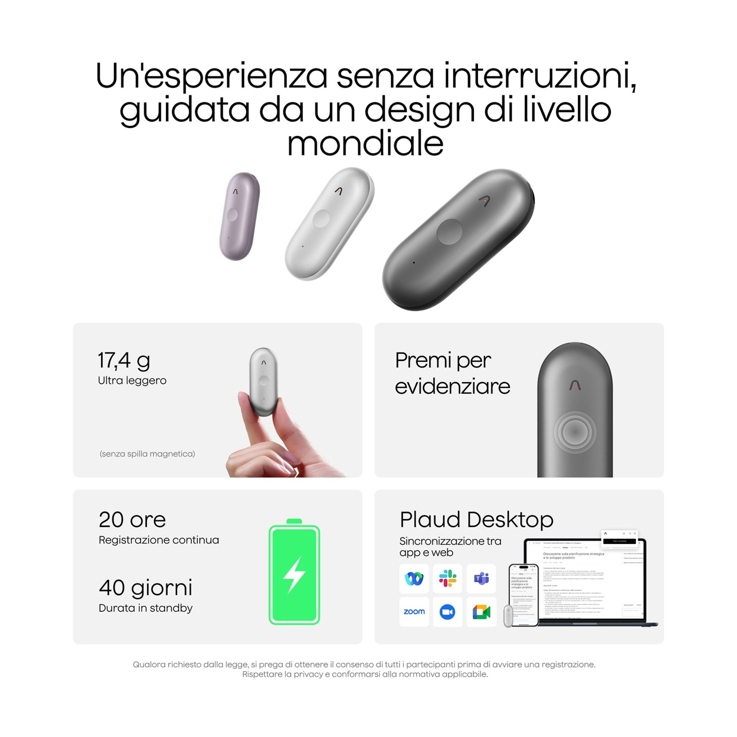 Tre eleganti dispositivi ovali viola, bianchi e grigi. Specifiche: 17,4g, 20 ore continue, 40 giorni standby.