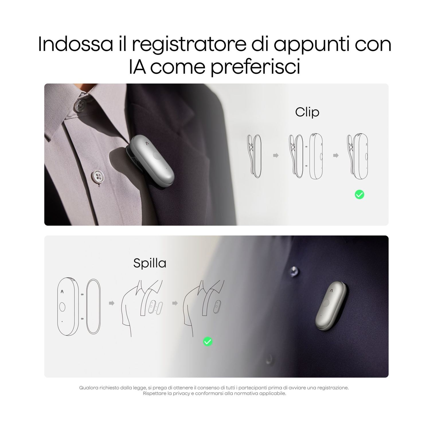Un registratore IA si attacca all'abbigliamento, con clip o spilla.