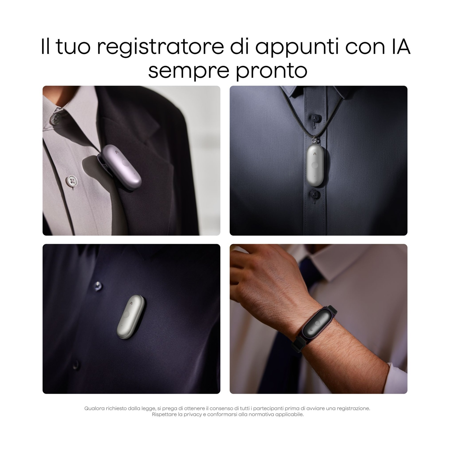 Quattro scatti di un piccolo dispositivo ovale attaccato ai vestiti o come collana.