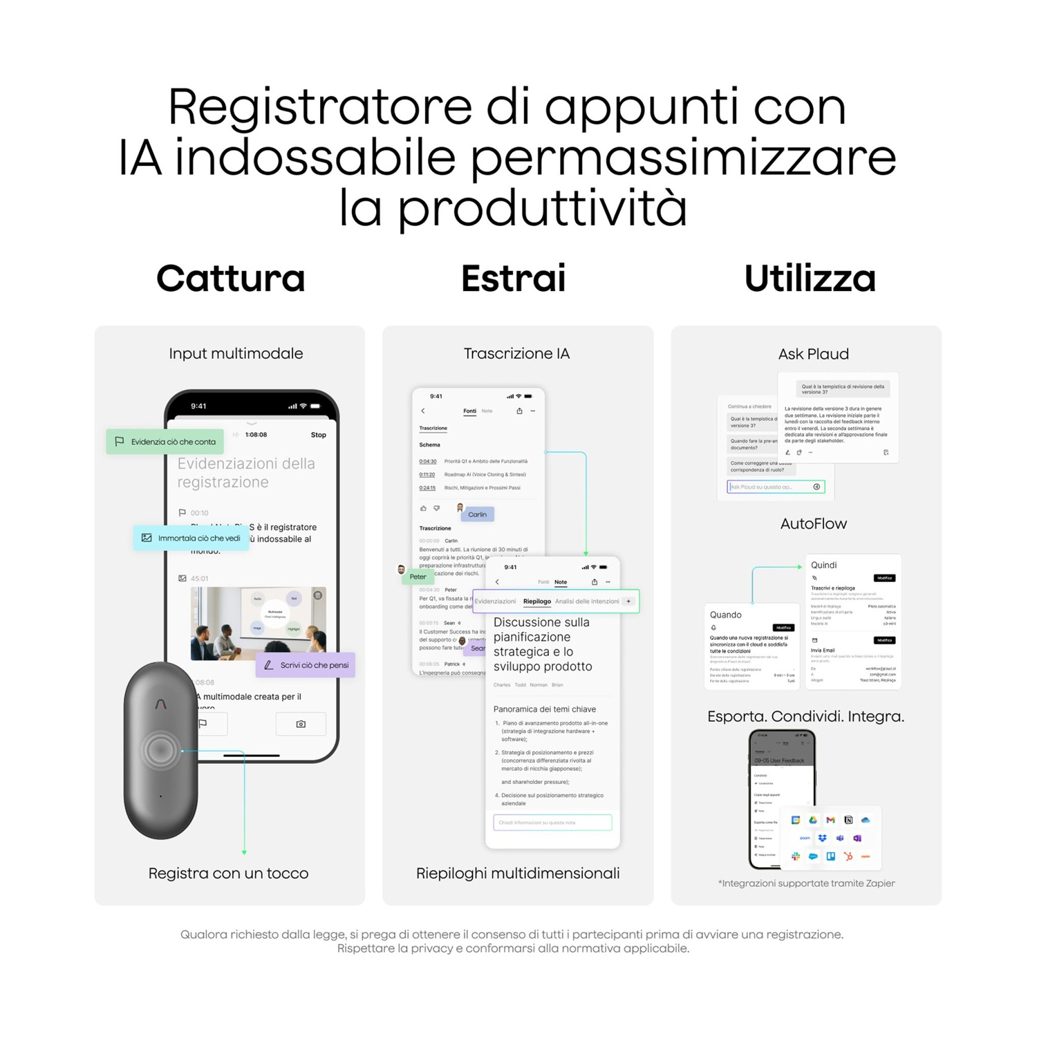 Tre schermate di smartphone mostrano un'app di appunti IA: Cattura, Estrai e Utilizza.