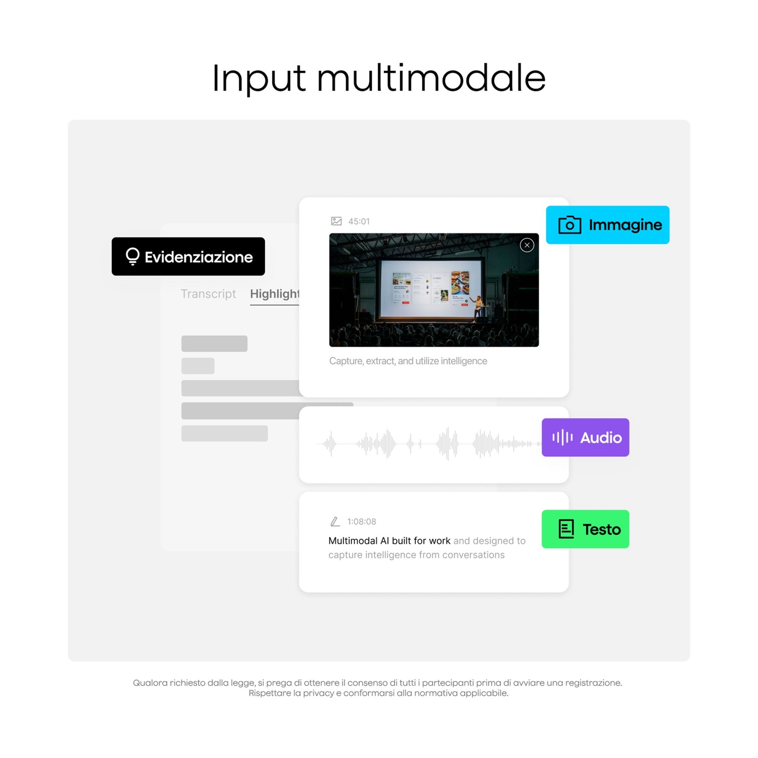 Input multimodale con immagine, audio e testo.
