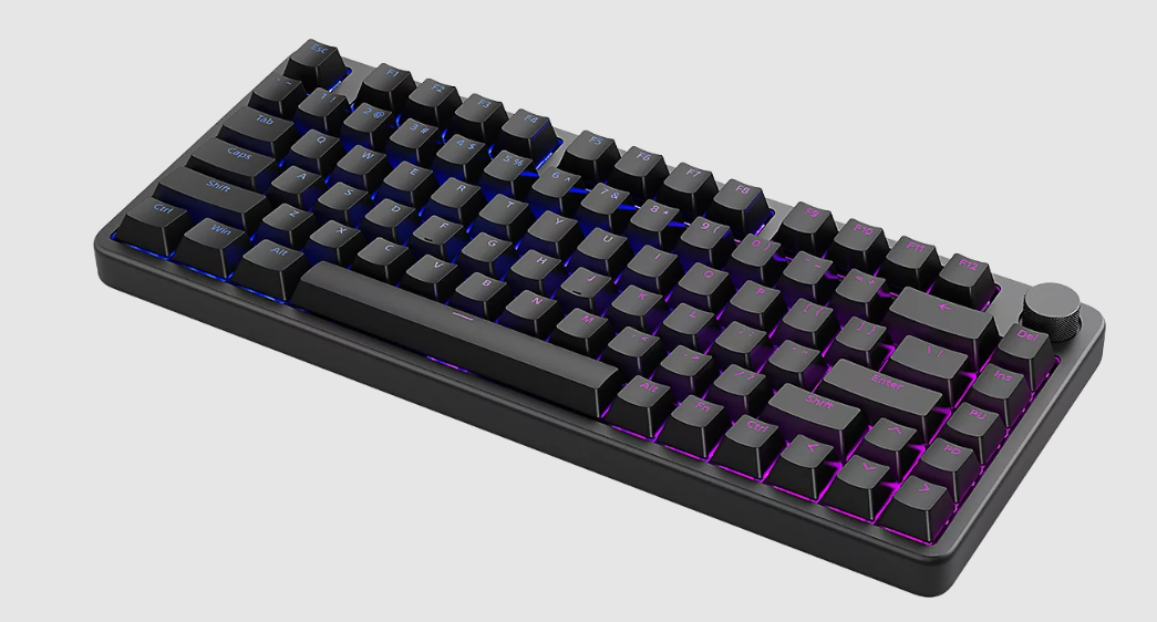 Schwarze Tastatur mit RGB-Hintergrundbeleuchtung in Blau und Lila.